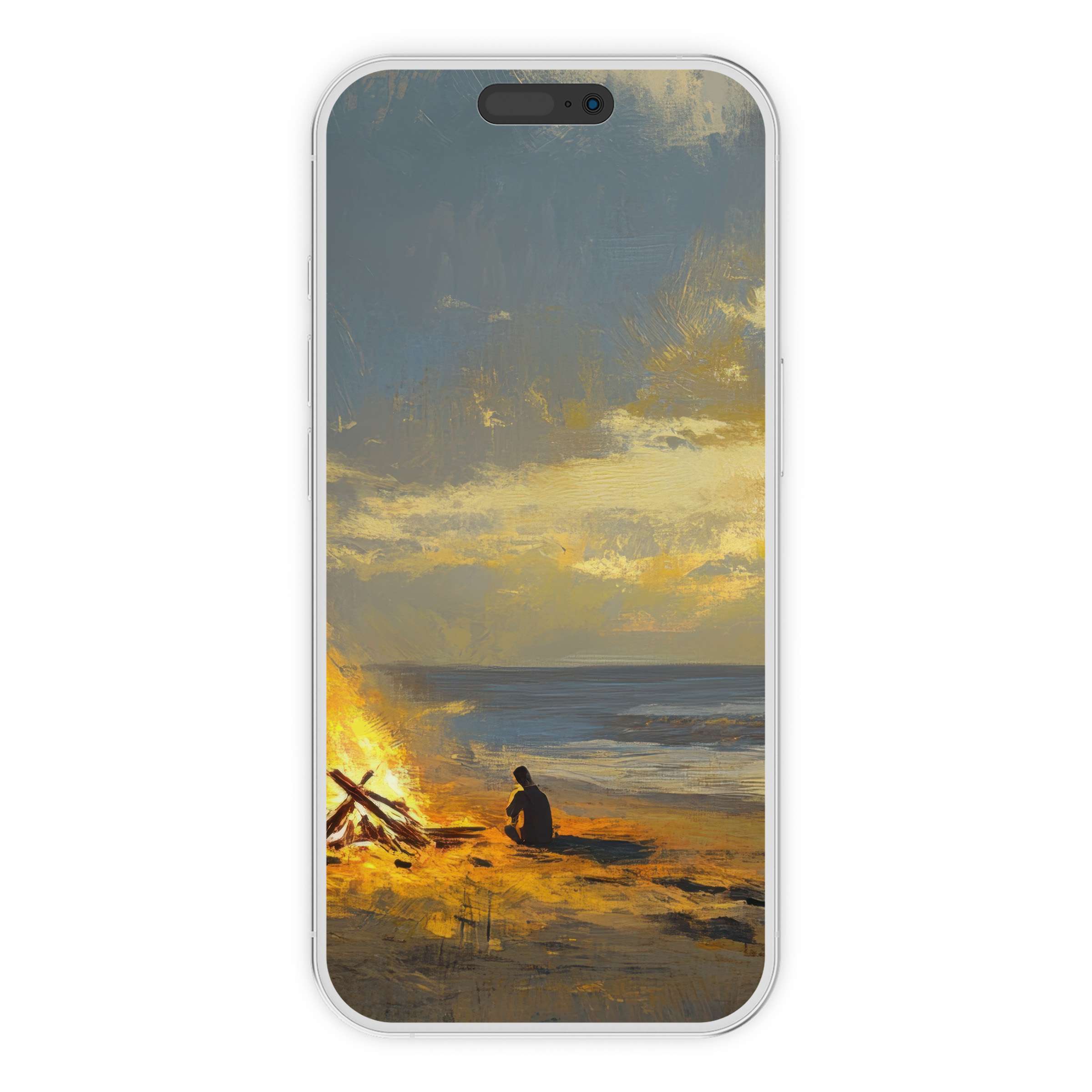 Coastal iPhone wallpaper featuring a serene sunset and bonfire scene, ideal for phone backgrounds, digital download for tranquility