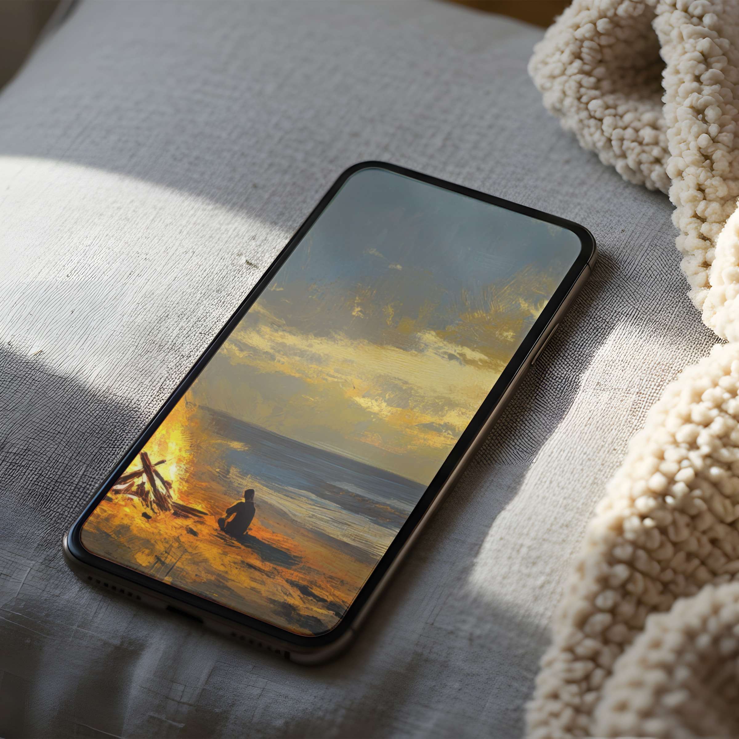 Coastal sunset phone wallpaper with calming orange and blue hues, ideal for iPhone and Android, offering high resolution and tranquility