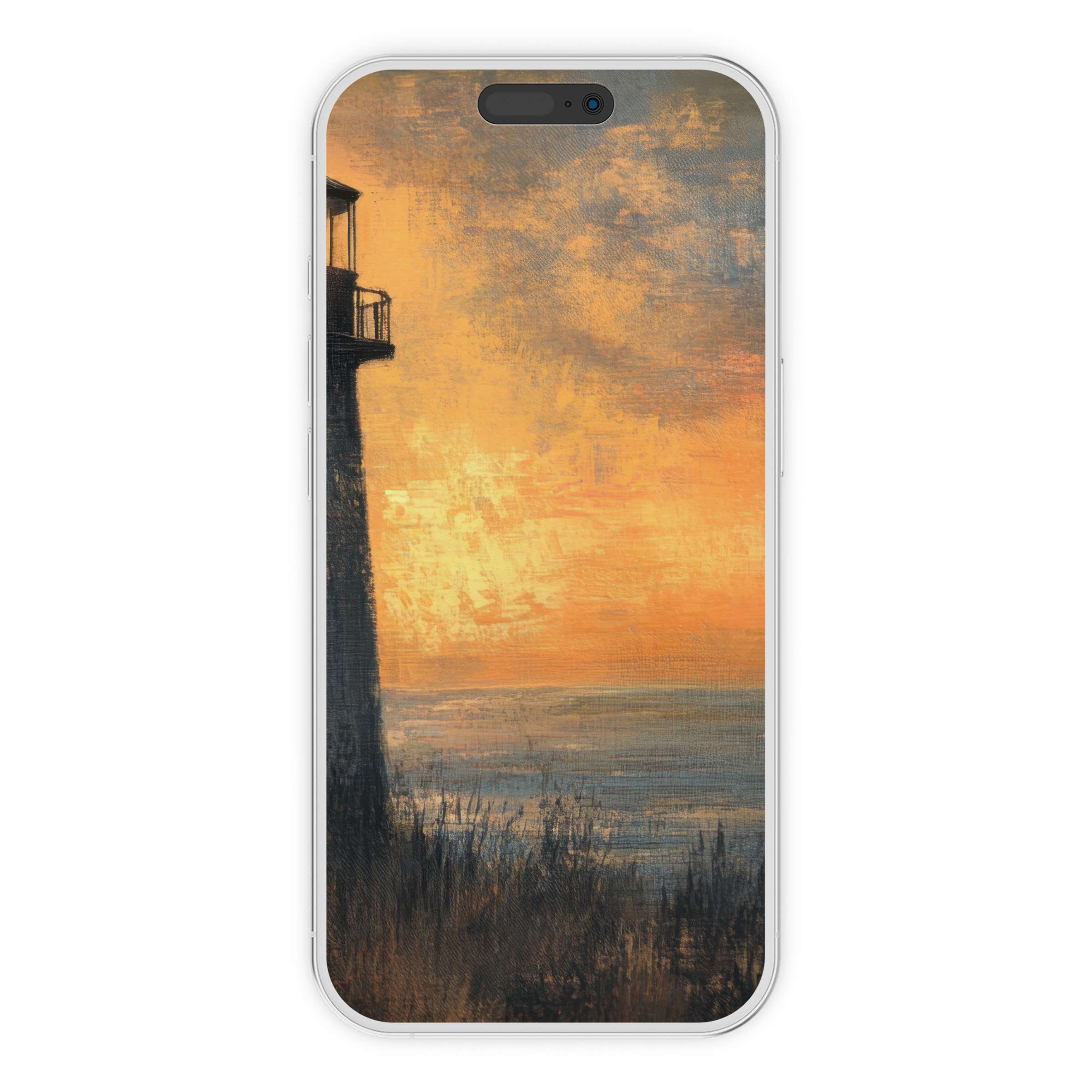 Coastal iPhone wallpaper depicts a serene lighthouse over an orange sunset ocean digital download perfect for phone background