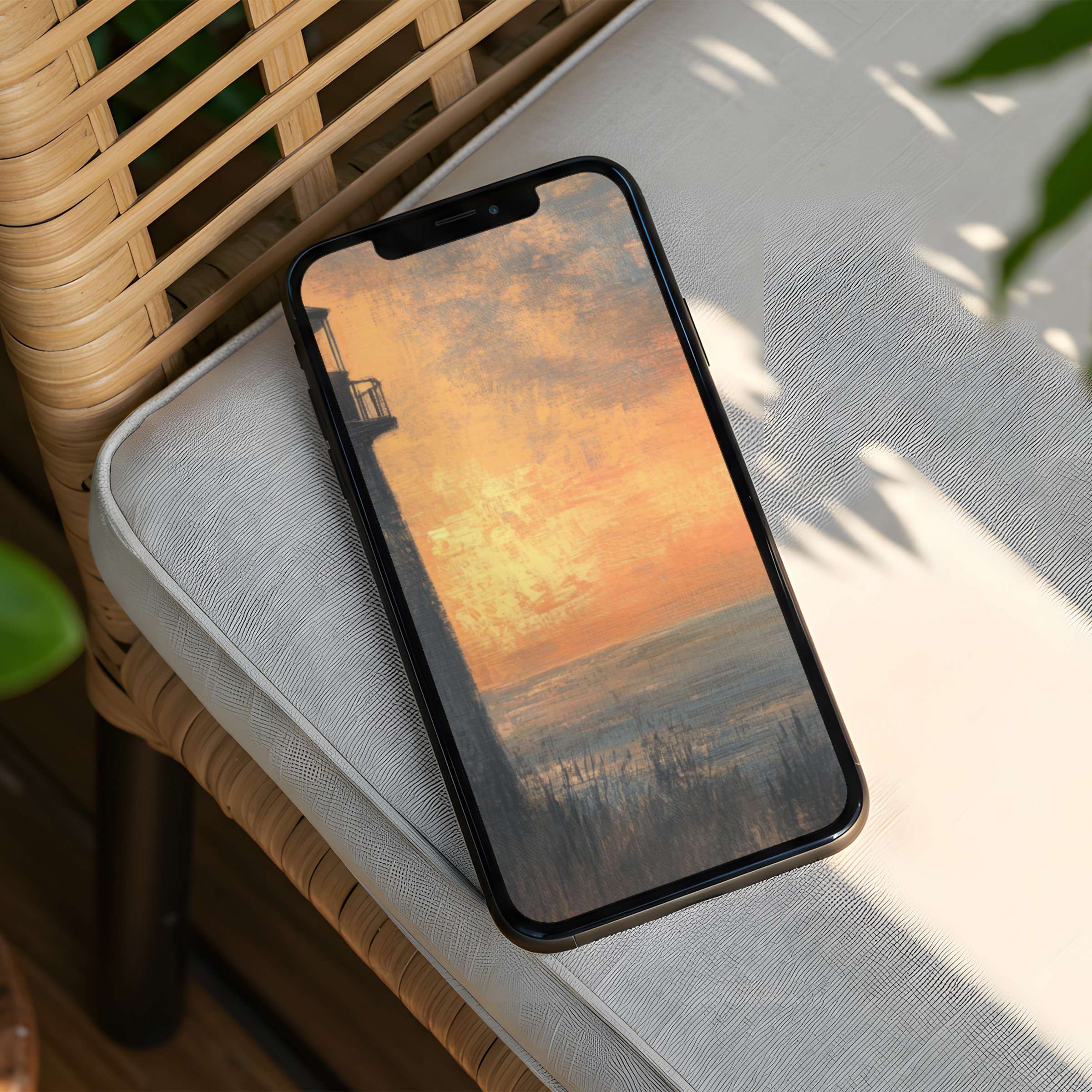 Elegant sunset painting as iPhone background on a woven chair offers calm and inspiration with instant download for any phone