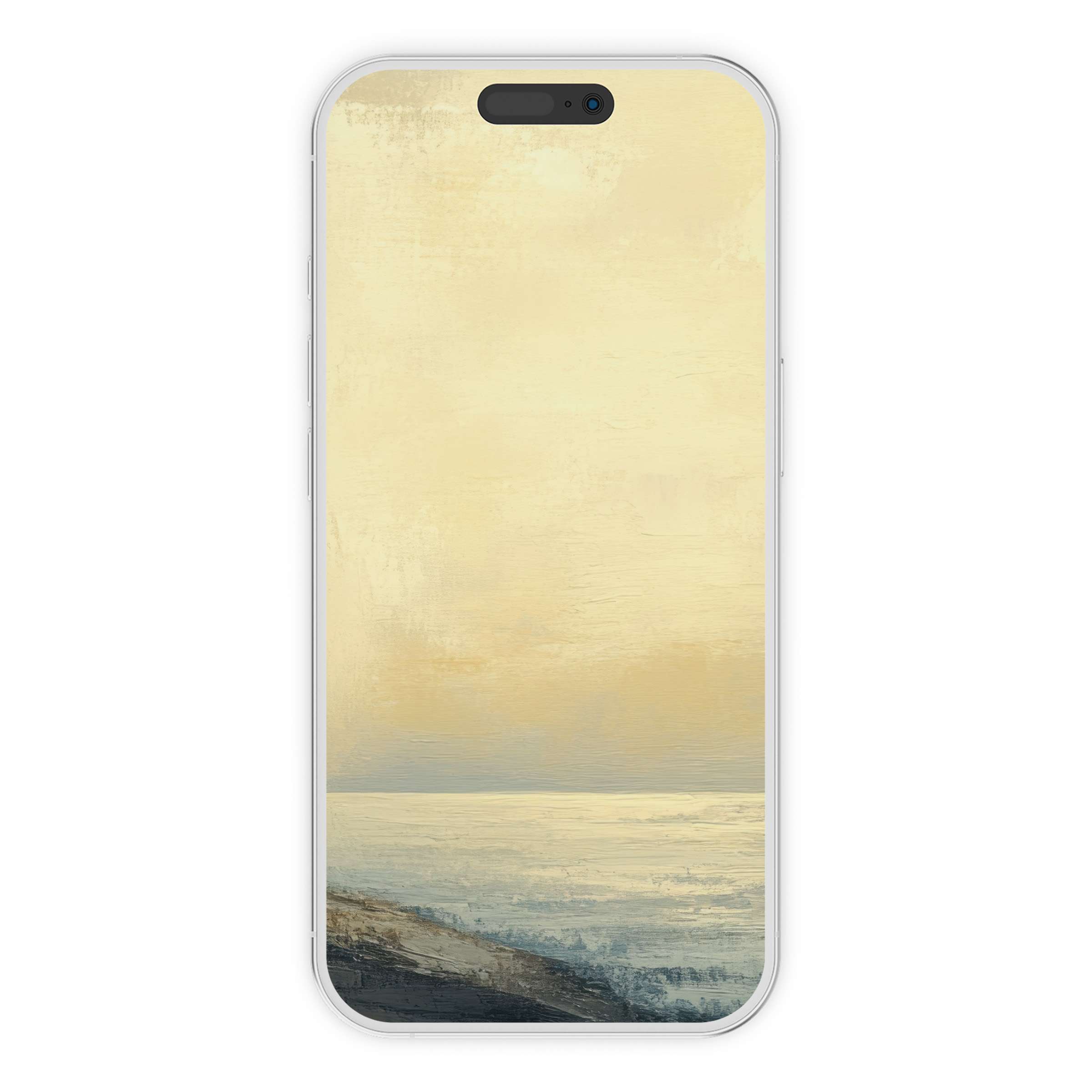 Serene coastal iPhone wallpaper in soft beige tones evokes calmness with an impressionist sea view, ideal phone background digital download
