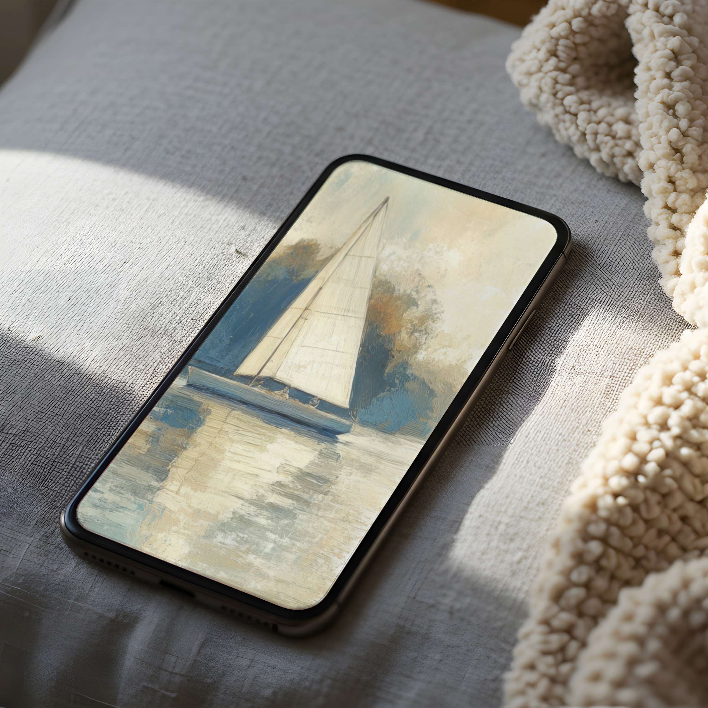 Sailboat-themed phone wallpaper in soothing blues and creams, offering a high-resolution digital download for iPhone and Android users seeking tranquility