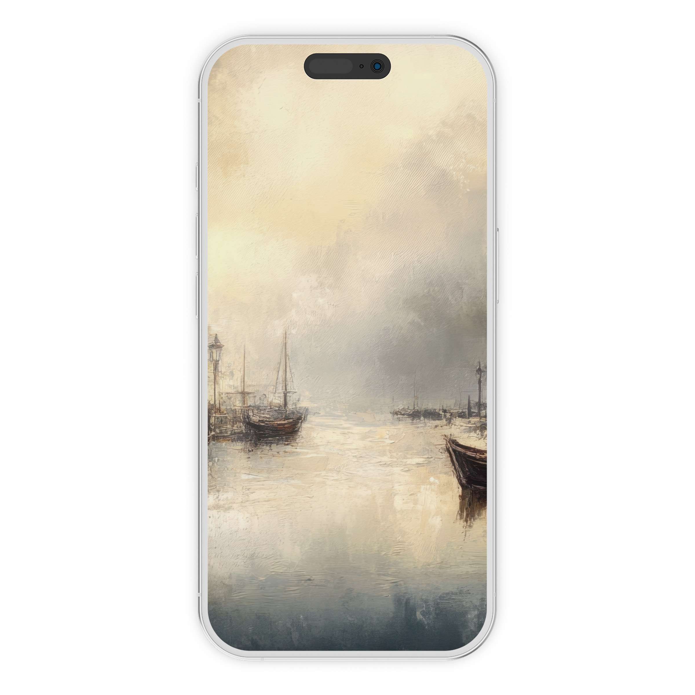 Coastal iPhone wallpaper features serene pastel boats in a misty harbor, creating a calming phone background for digital download and design lovers