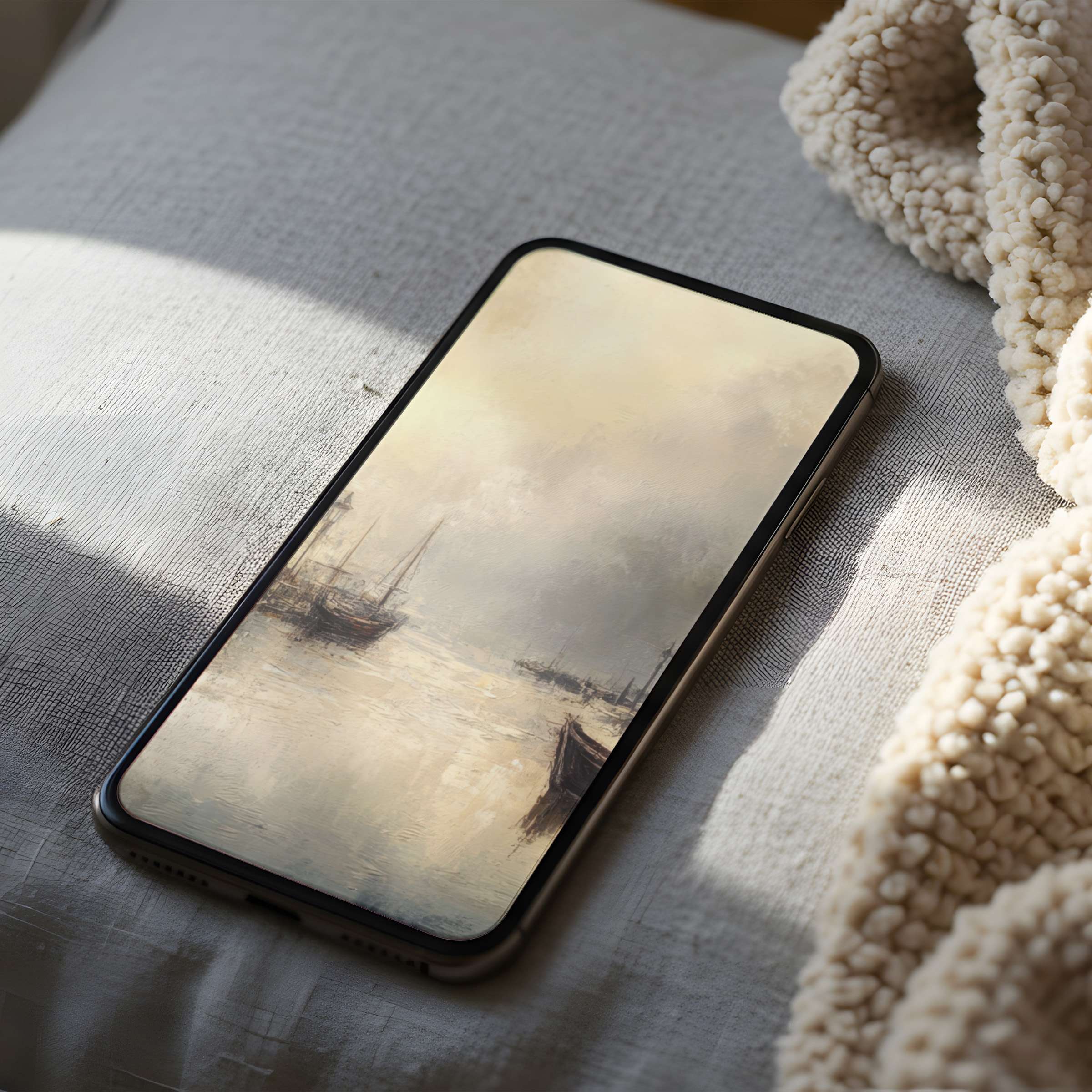 Elegant phone wallpaper featuring serene seascape art in soft neutrals ideal for iPhone and Android digital download offering tranquility