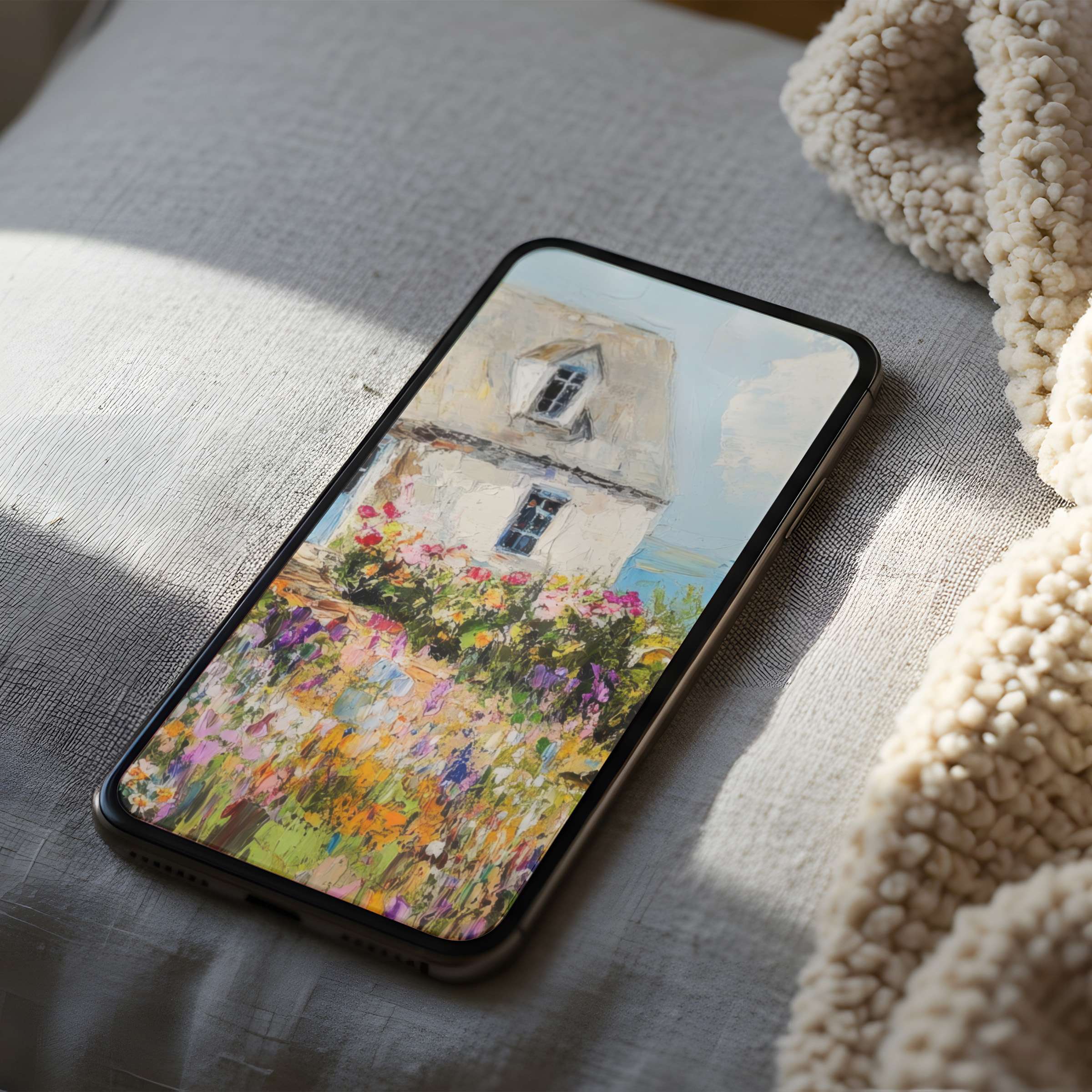 Charming floral cottage phone wallpaper in high resolution exudes tranquility perfect for iPhone and android digital downloads