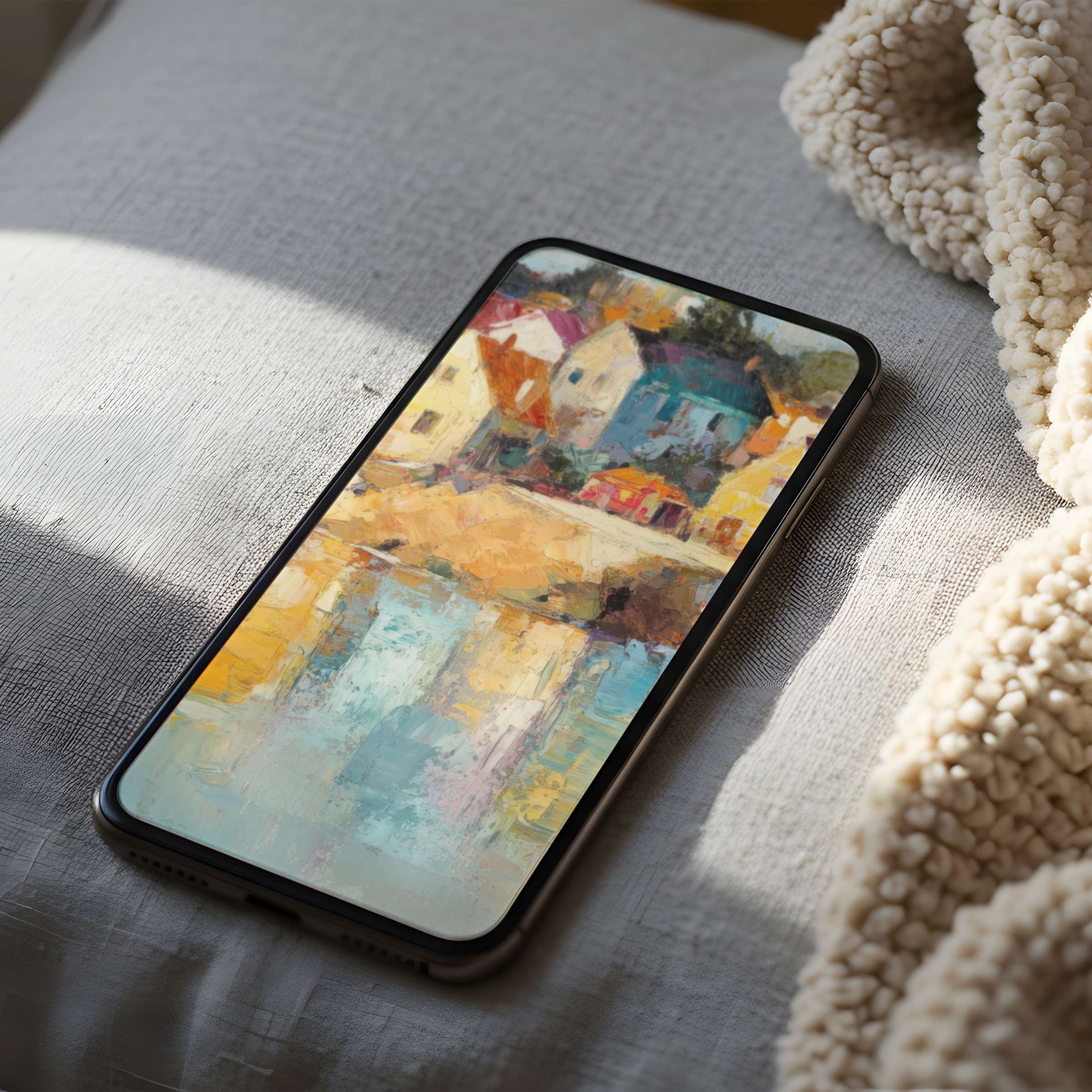 Dreamy watercolor village scene phone wallpaper evokes calm, excellent for iPhone and Android digital download, high resolution