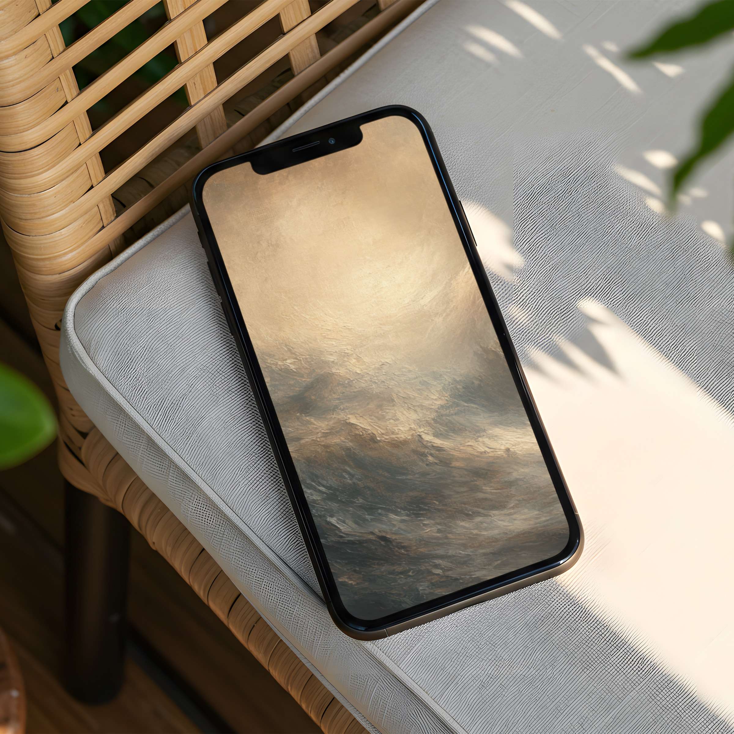 Elegant abstract iPhone background with calming ocean hues on a sunlit chair offers mindfulness and inspiration instant download for phone