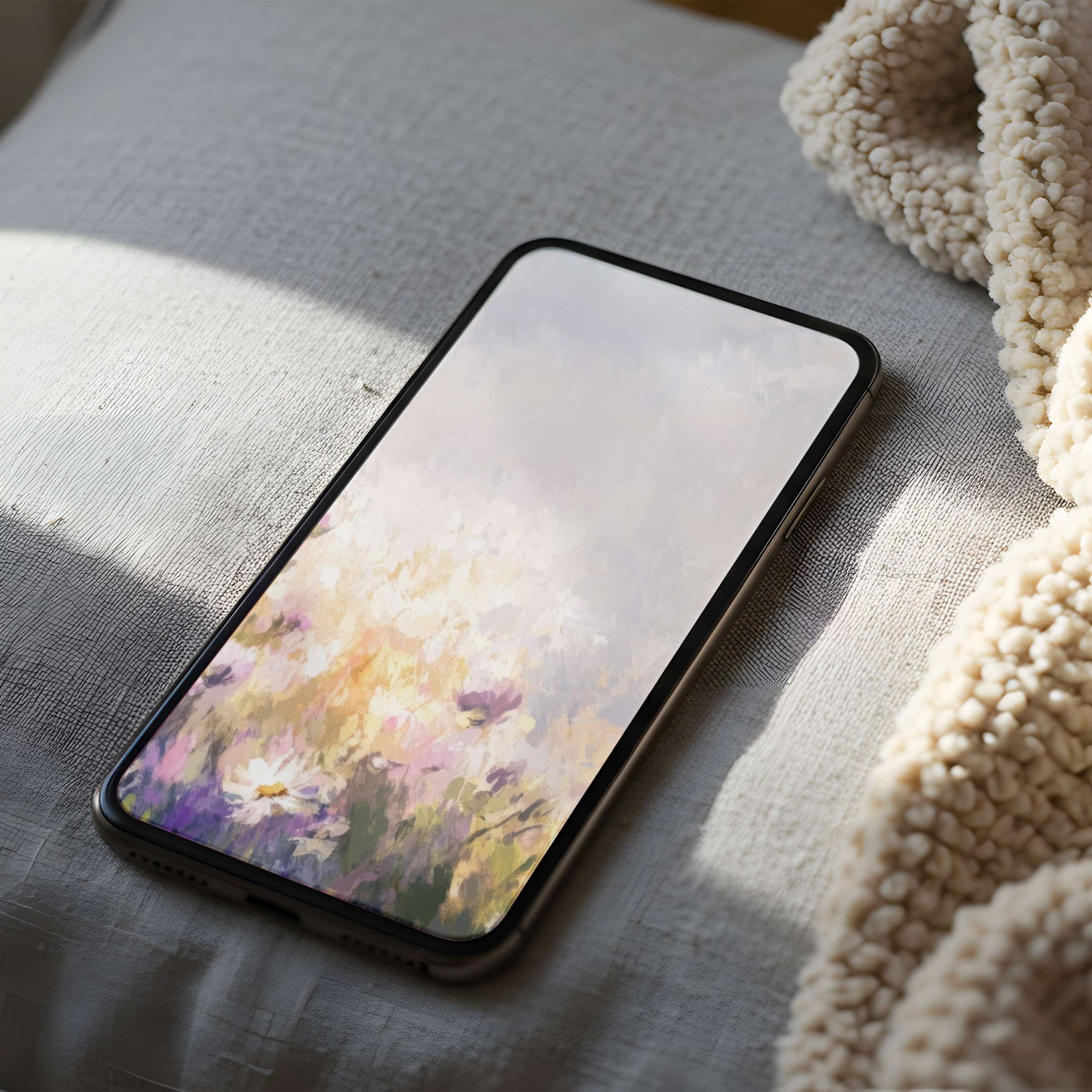 Elegant floral phone wallpaper in soft pastels, perfect for iPhone and Android, adds tranquility and style to your digital download space