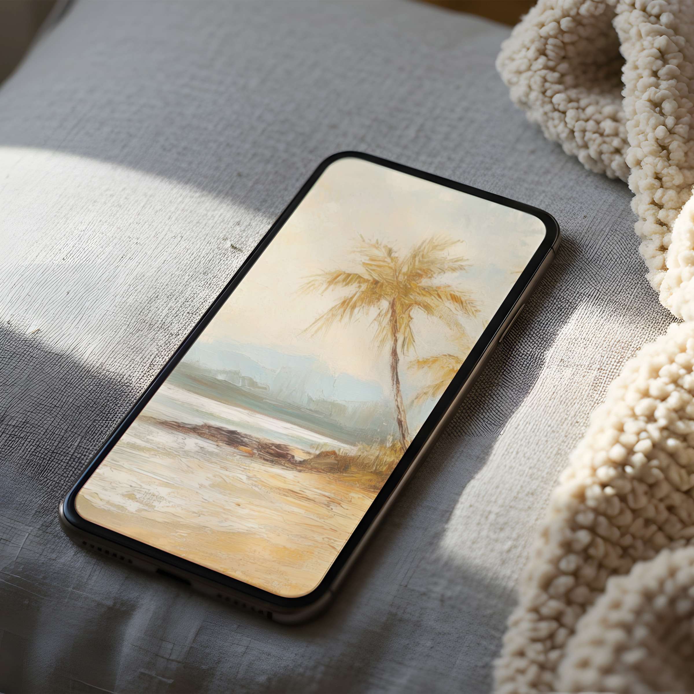Tranquil beach scene phone wallpaper with soft pastels and palm motif for curated digital download high resolution for iPhone or Android