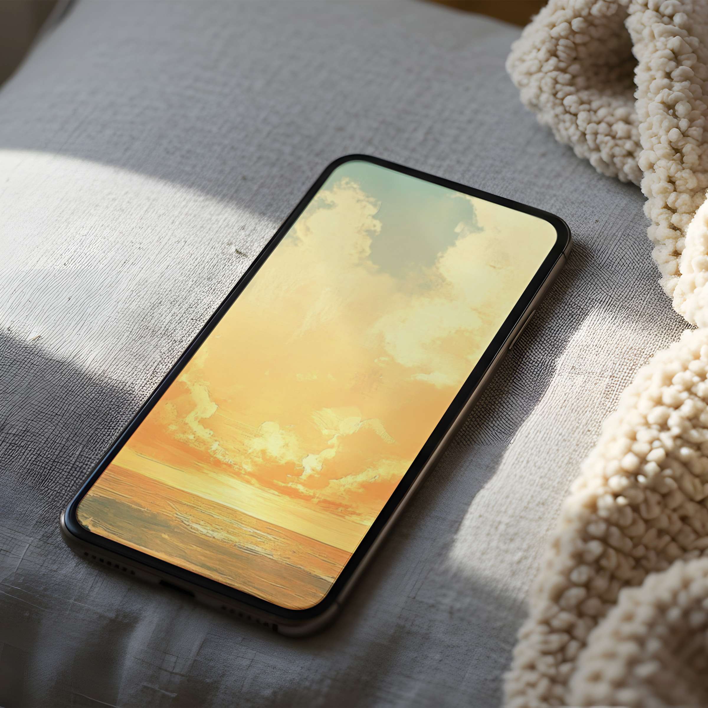 Serene sunset phone wallpaper in high resolution, featuring soothing golden hues and clouds, perfect for iPhone or Android download