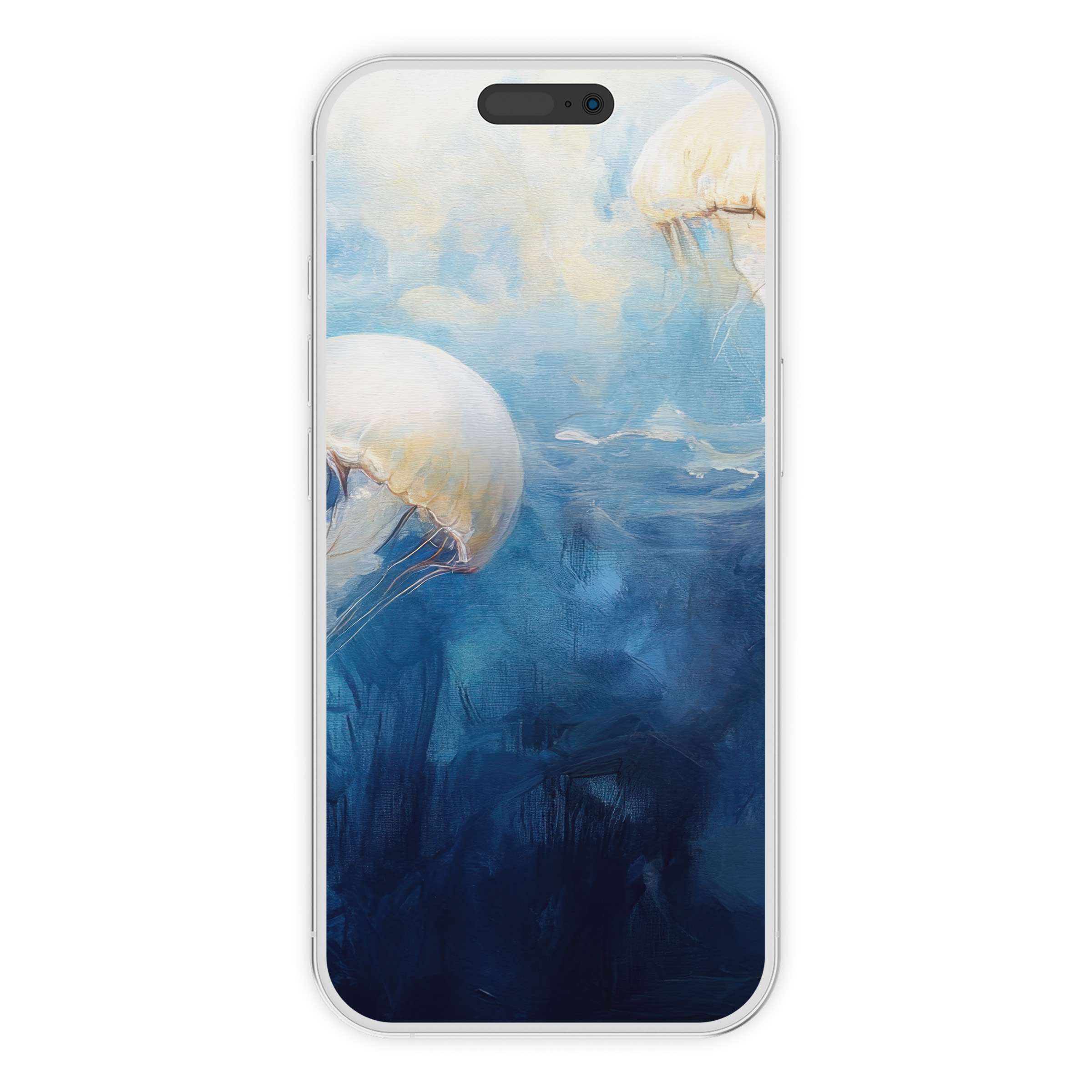 Elegant coastal iPhone wallpaper featuring serene jellyfish in ethereal blue tones ideal for phone backgrounds digital download available
