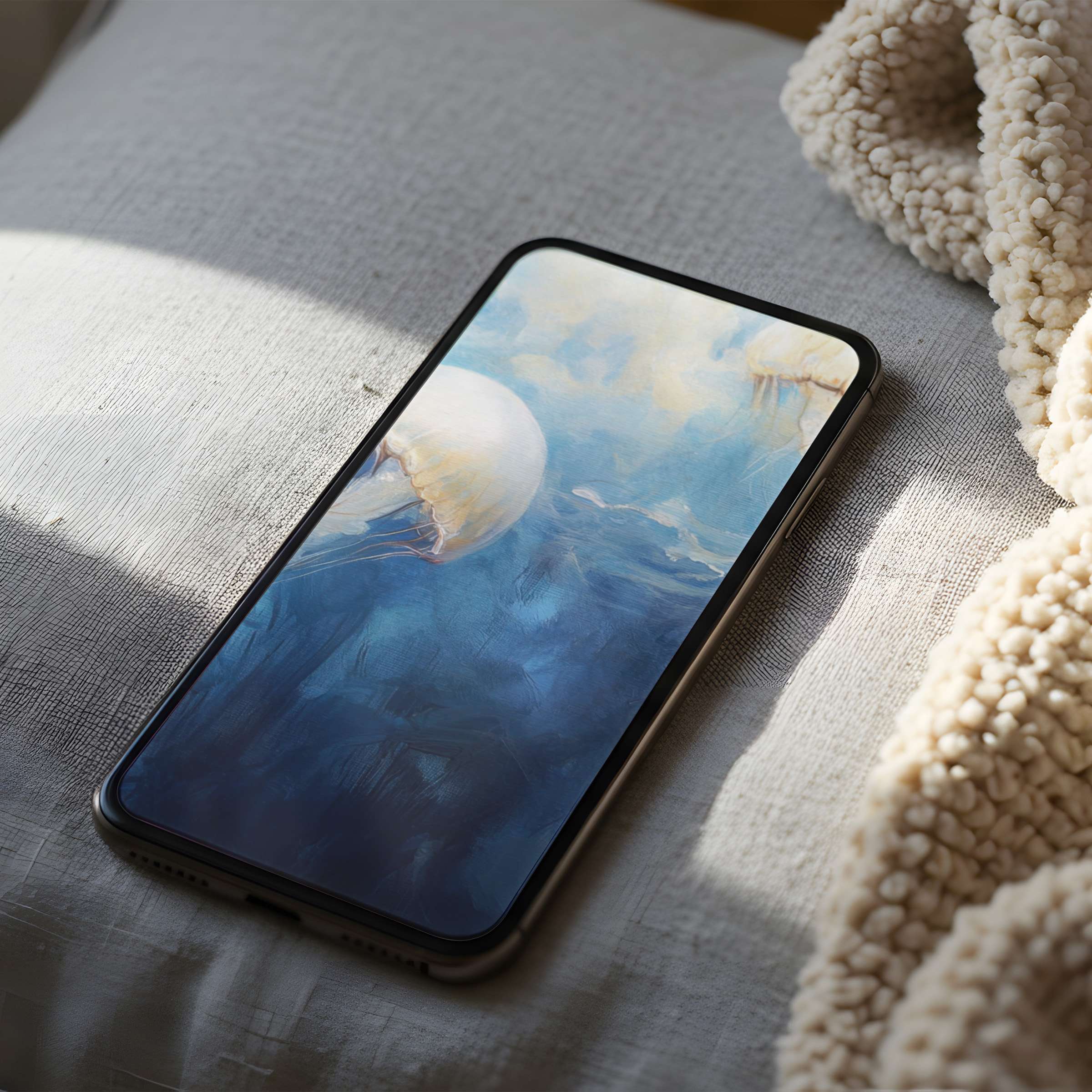 Serene jellyfish-themed phone wallpaper in calming blue hues, ideal for high-resolution iPhone screens, offers tranquility and elegance