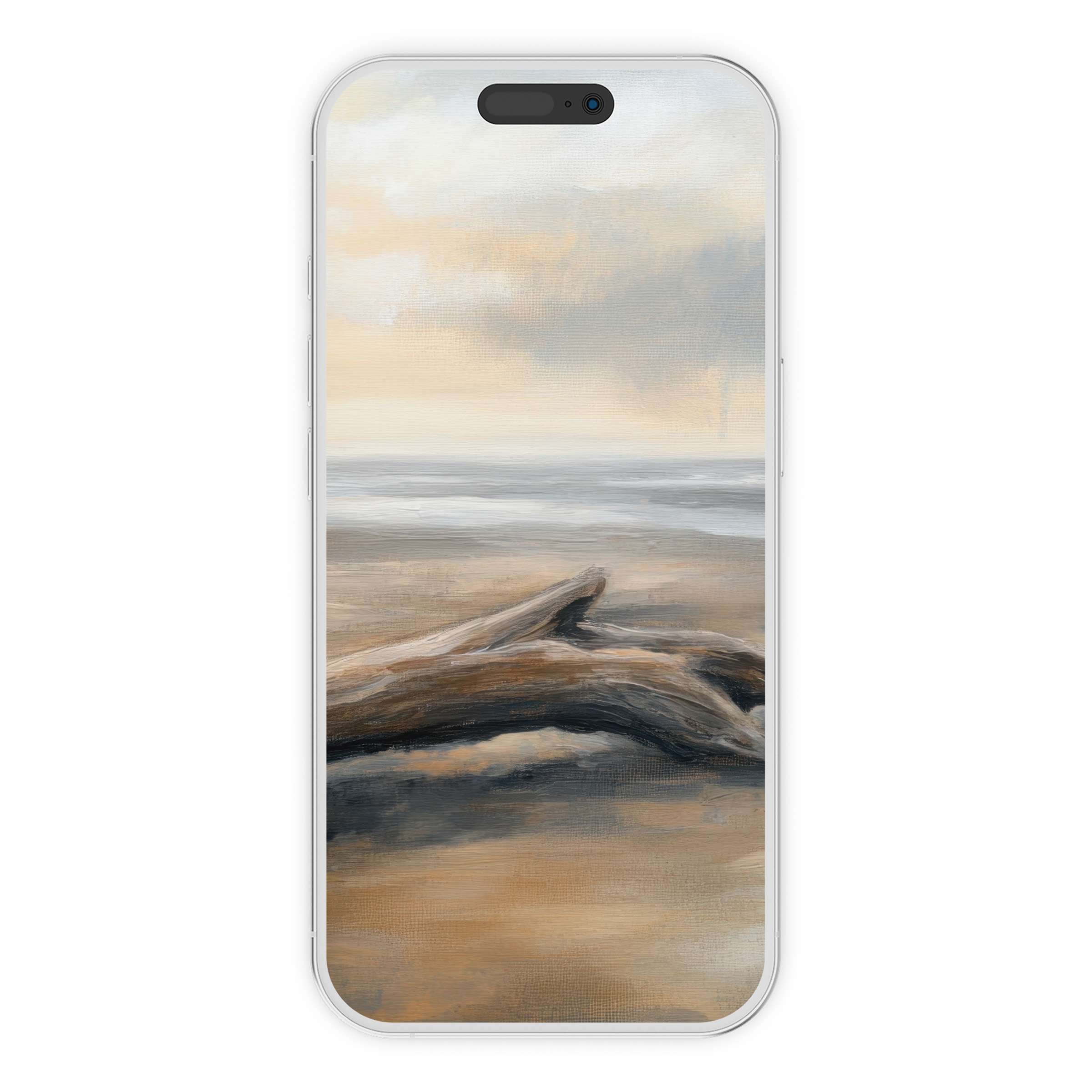 Calming coastal iPhone wallpaper featuring driftwood and serene skies for an inspiring digital download phone background suitable for all phones