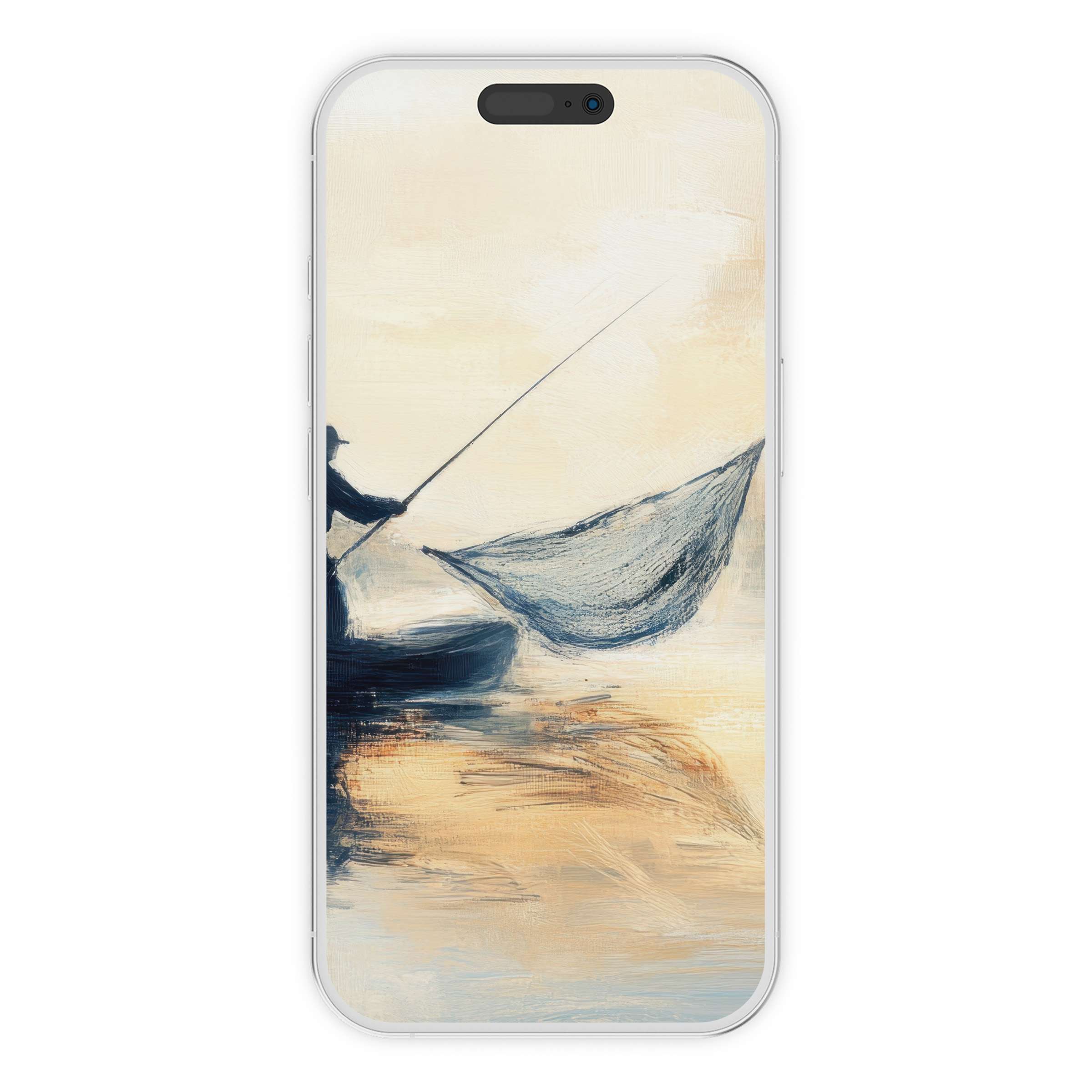 Serene coastal iPhone wallpaper featuring a digital download with an elegant boat silhouette, perfect phone background for tranquility seekers