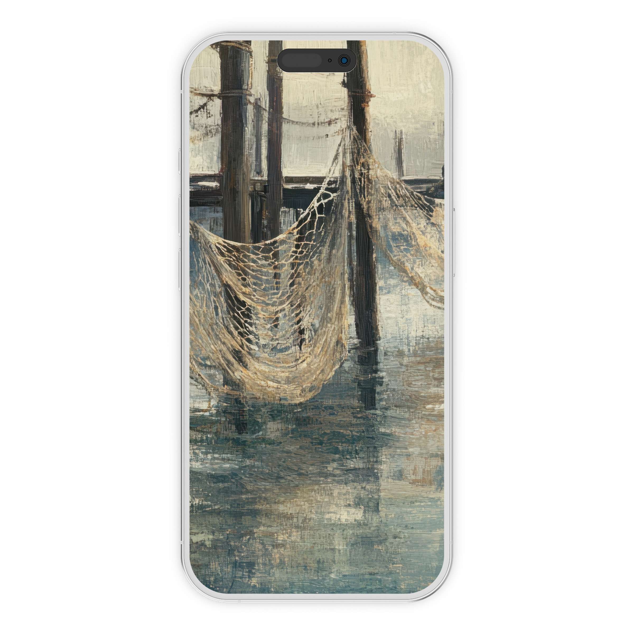 Elegant coastal iPhone wallpaper featuring serene nets and wooden texture creates a calming phone background digital download