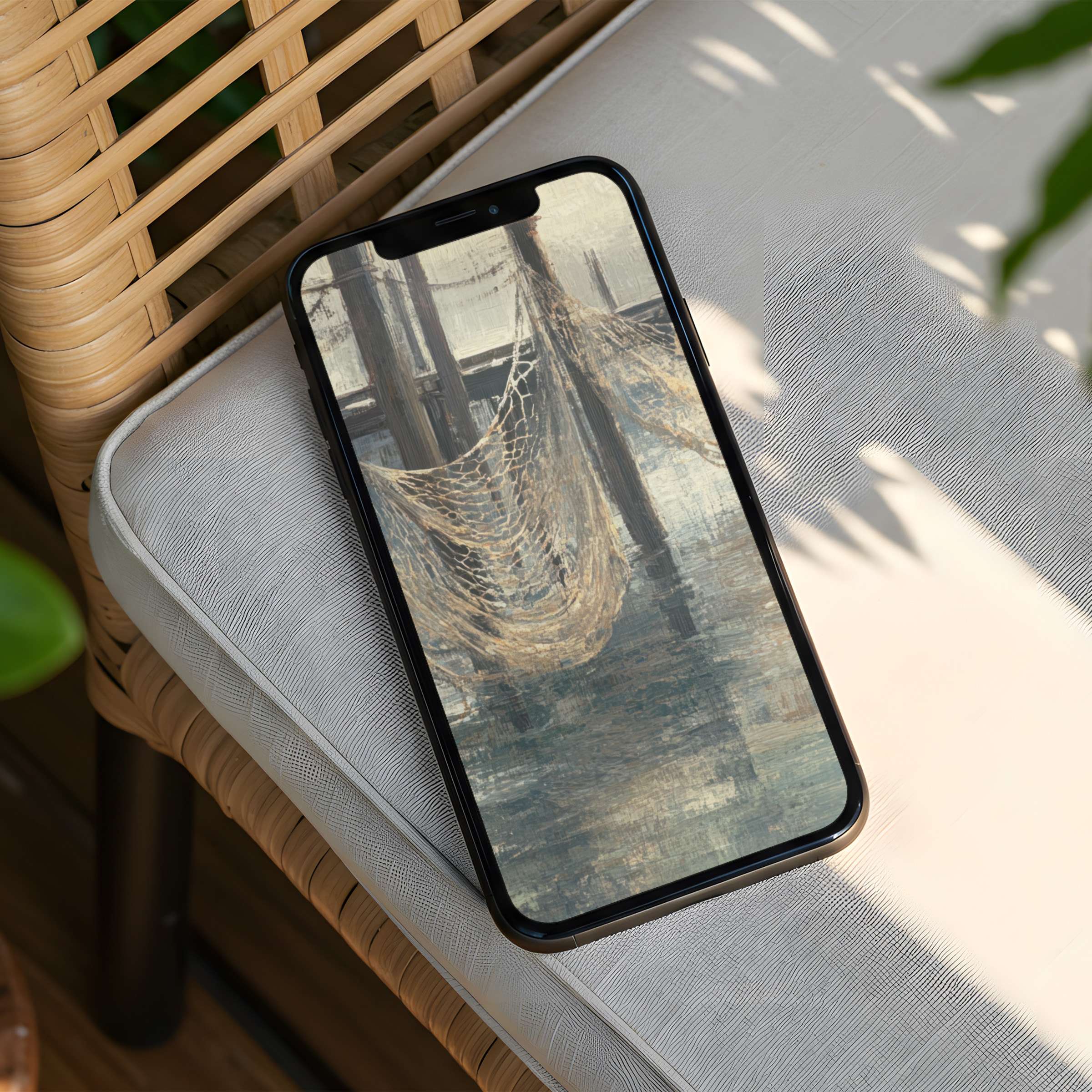 Elegant iPhone background featuring serene abstract textures on phone screen provides instant download for design-conscious users seeking calm inspiration