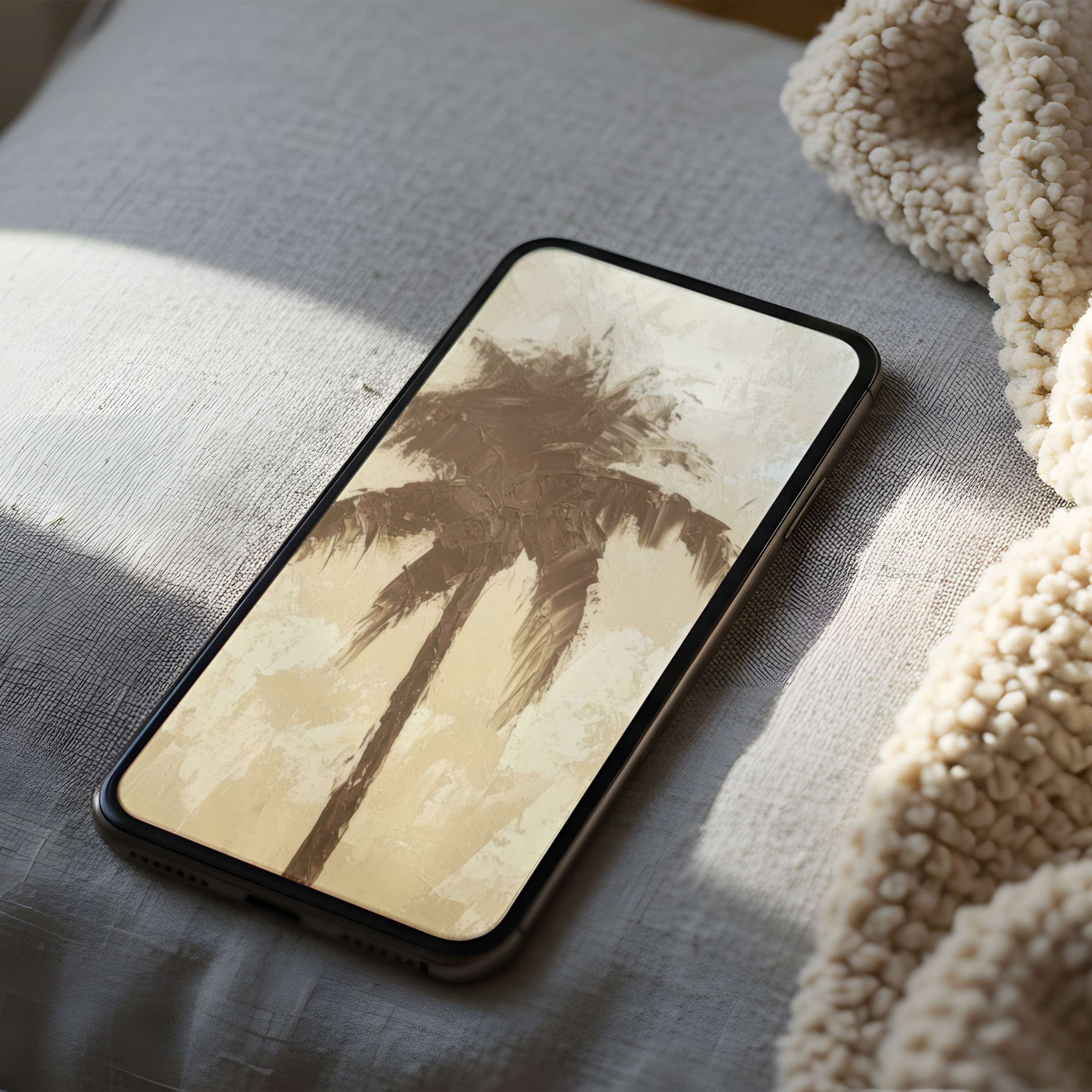 Elegant palm tree phone wallpaper in warm earth tones offers a calming high resolution digital download for any smartphone device