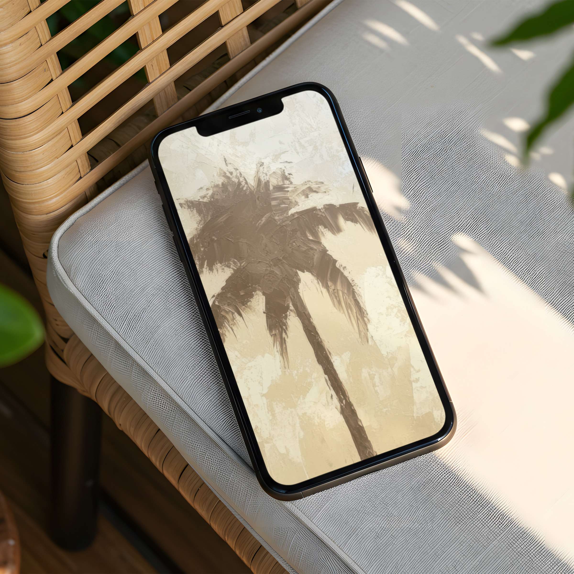 Serene iPhone background featuring a sepia palm tree, offering instant download for mindfulness on your phone, fits all smartphones