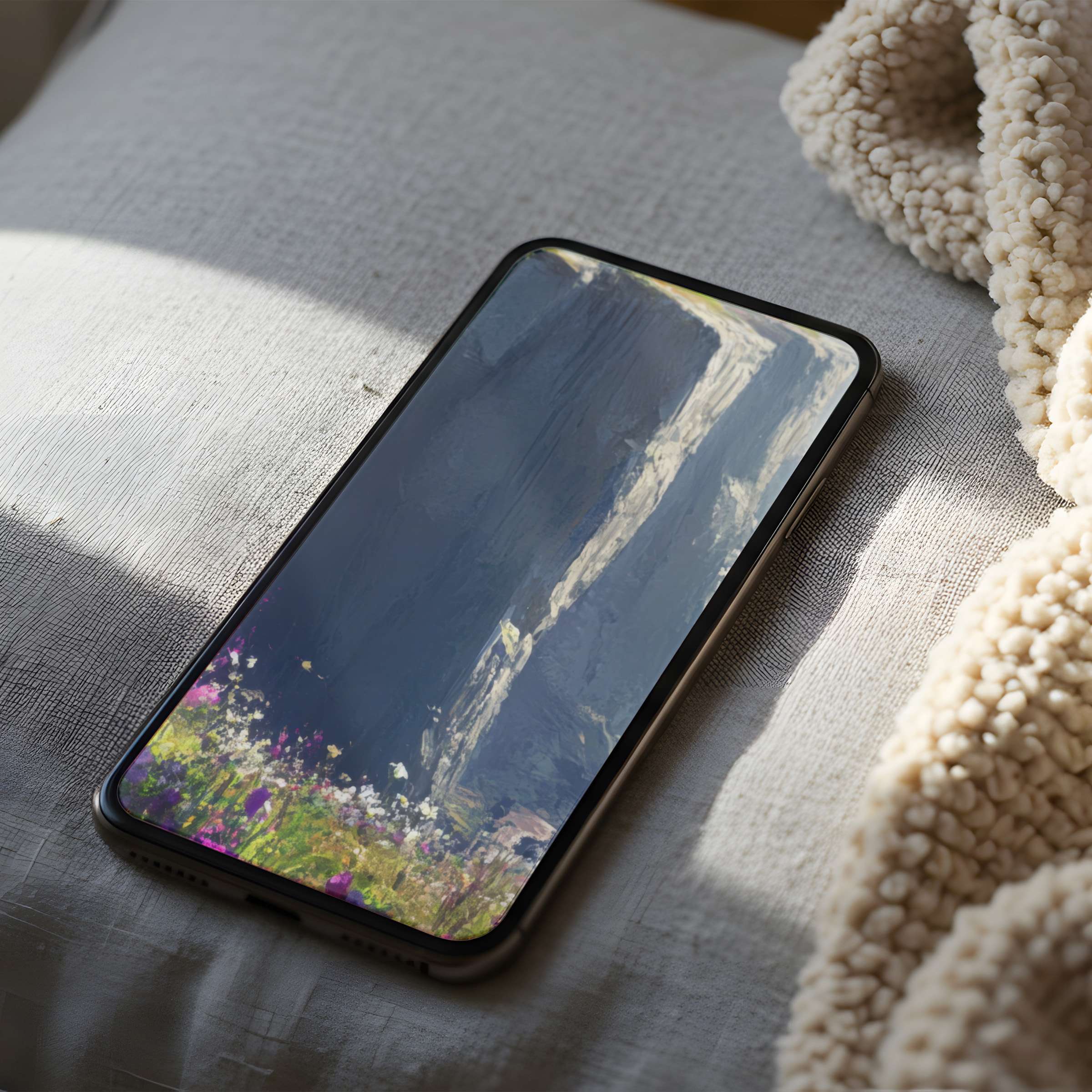 Elegant phone wallpaper featuring serene abstract landscape with soft colors, ideal for iPhone and Android, digital download enhances calm