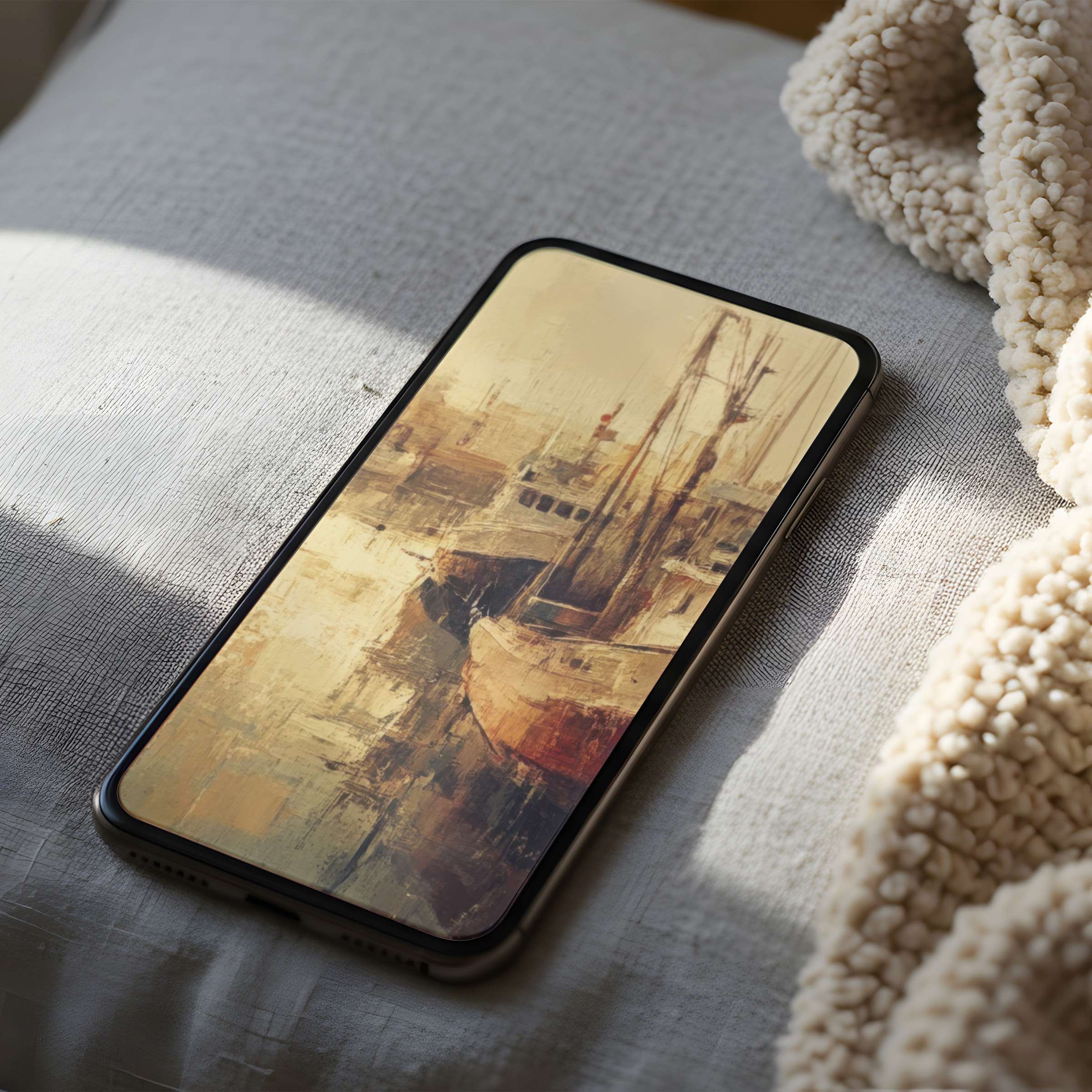 Calming phone wallpaper featuring a high-resolution vintage boat painting, perfect for iPhone and Android devices, digital download