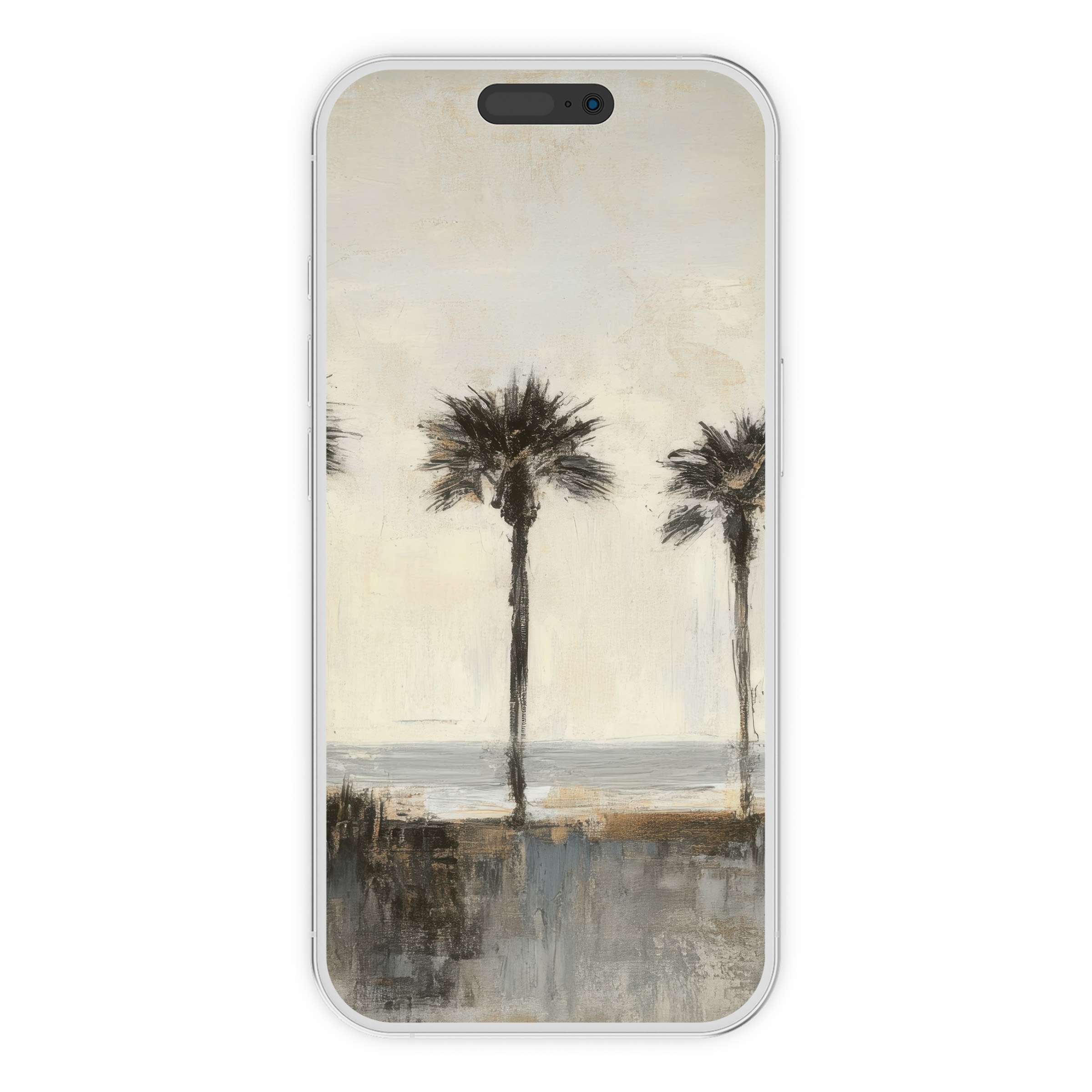 Textured coastal iPhone wallpaper featuring serene palm trees, perfect phone background for digital download and artistic tranquility