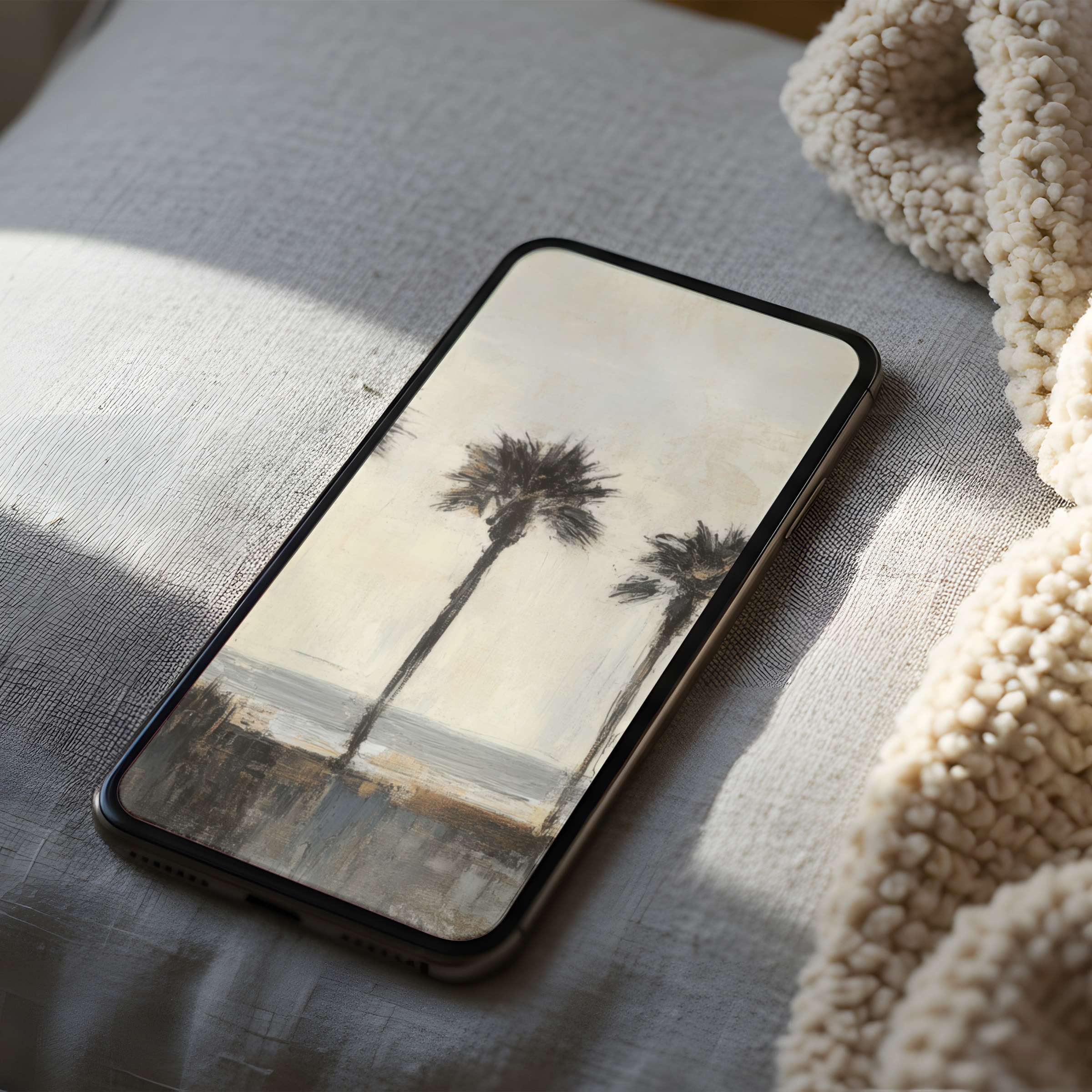 Elegant phone wallpaper with serene palm trees in muted tones, high resolution for iPhone or Android, digital download for tranquil vibes