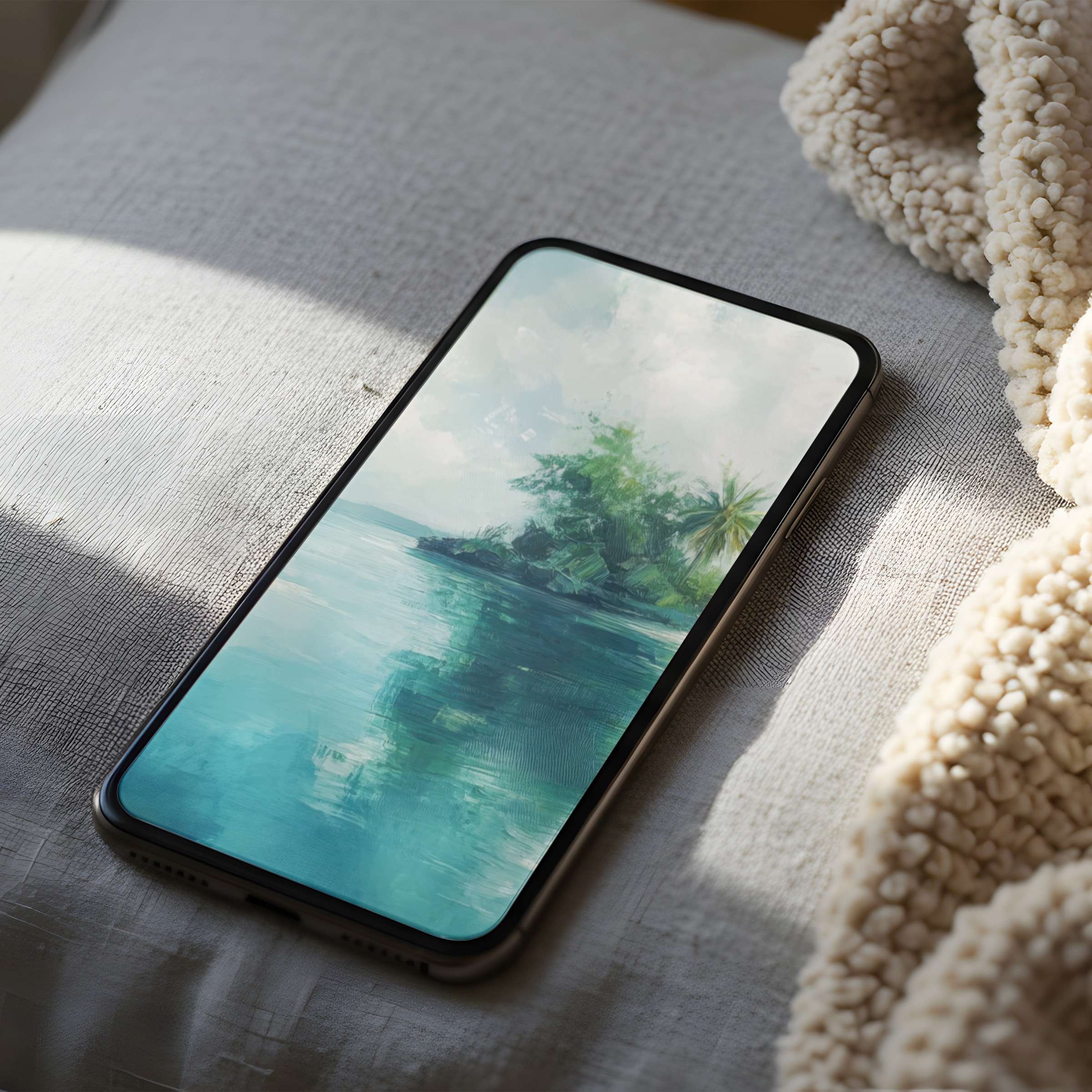 Serene coastal phone wallpaper with gentle blues and greens in high resolution, ideal for iPhone and Android, offering tranquil digital download