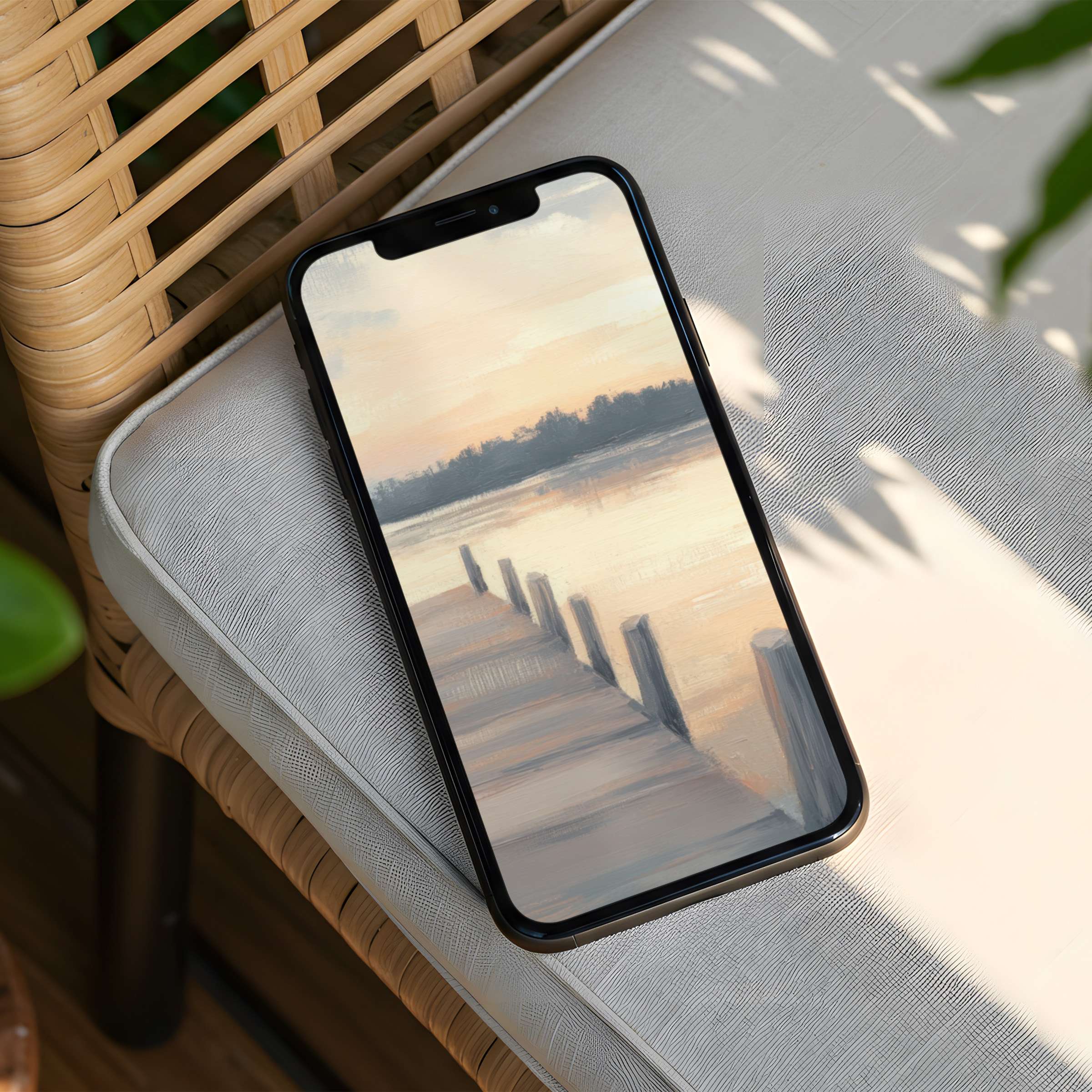 Elegant iPhone background featuring a serene lakeside pier painting in soft pastels for instant download to any phone