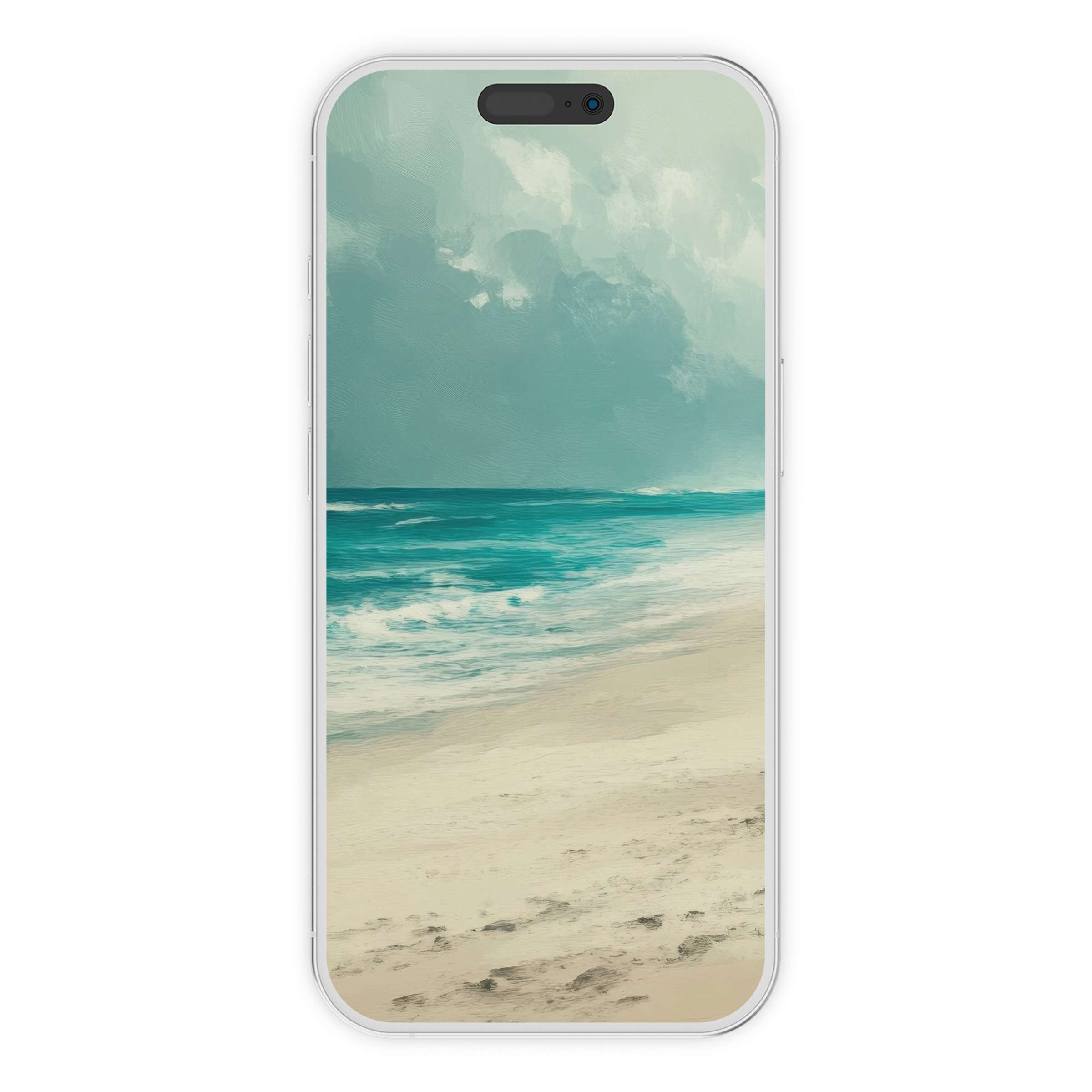 Coastal iPhone wallpaper digital download with serene beach scene in soft blues and sandy textures suitable for phone background