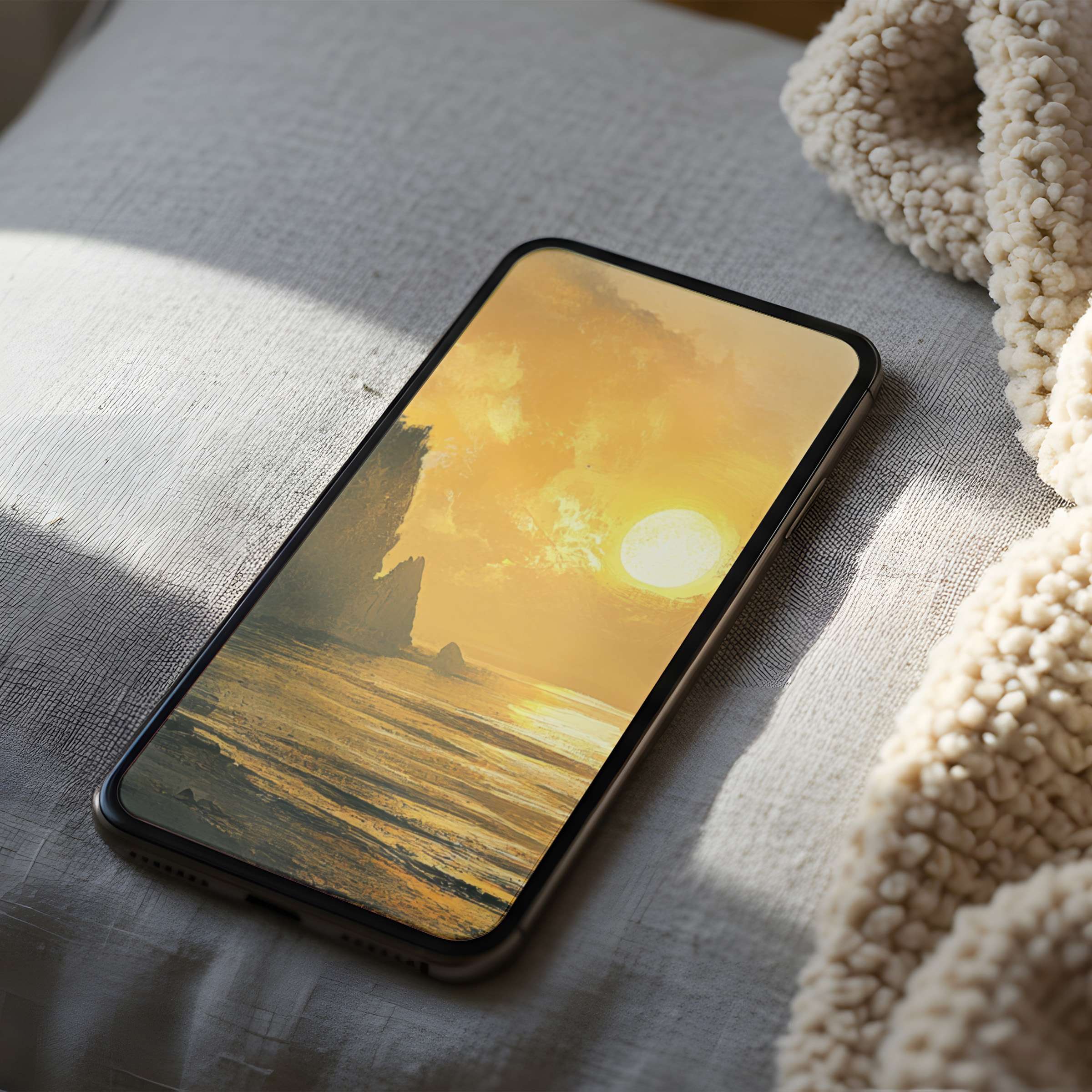 Sunset-themed phone wallpaper featuring golden hues and seascape in high resolution elevates your iPhone and android experience digitally