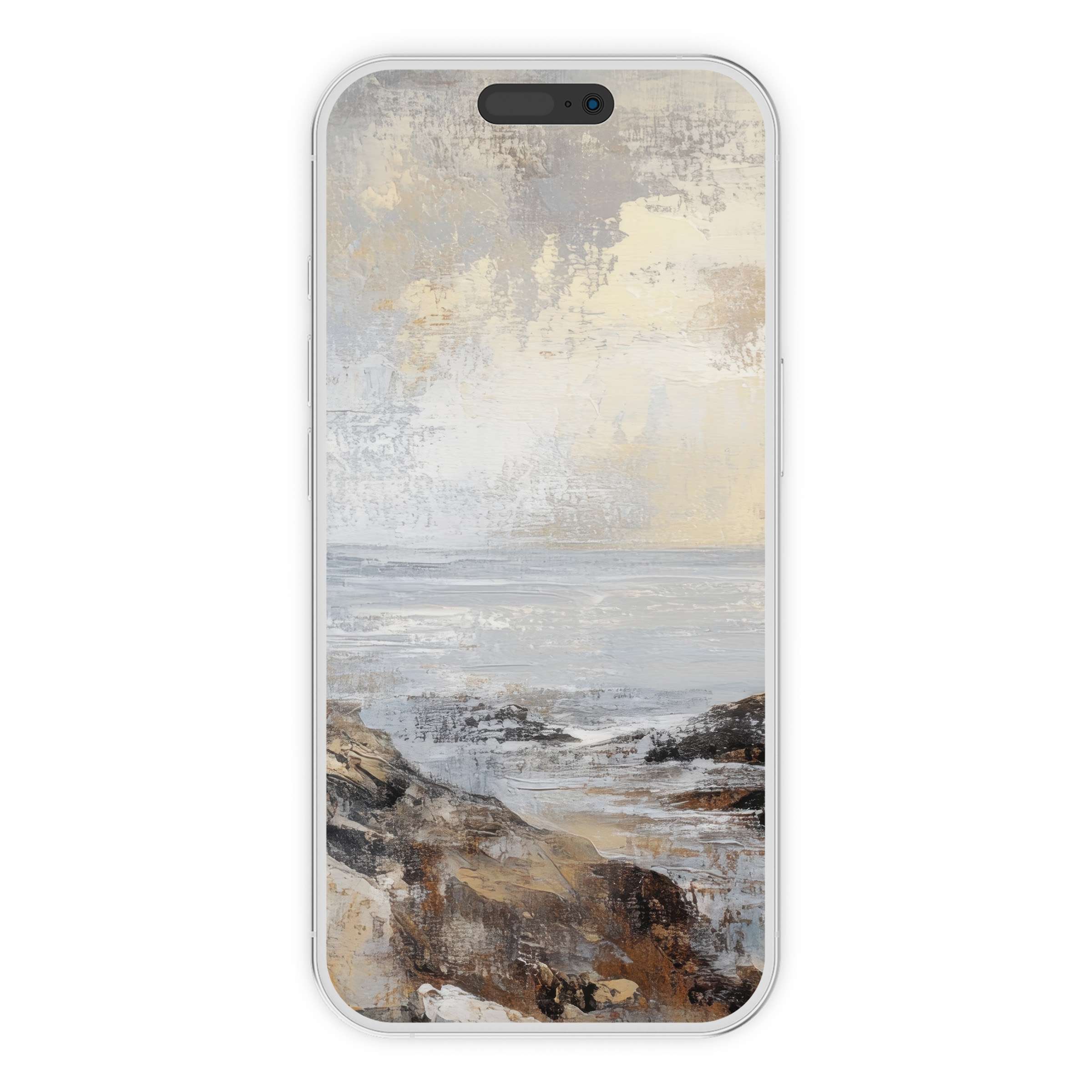 Elegant coastal iPhone wallpaper features a serene seascape with muted earth tones, perfect phone background for digital download tranquility