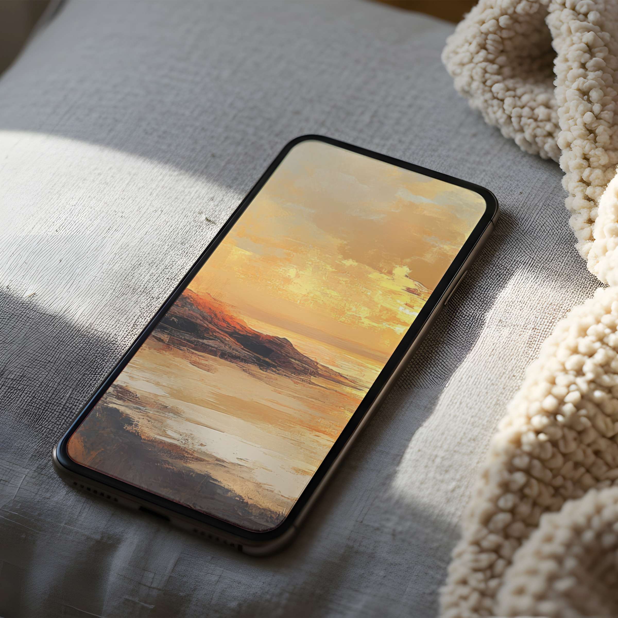 Calming sunset phone wallpaper with warm, earthy tones and abstract style, perfect high-resolution digital download for iPhone or Android
