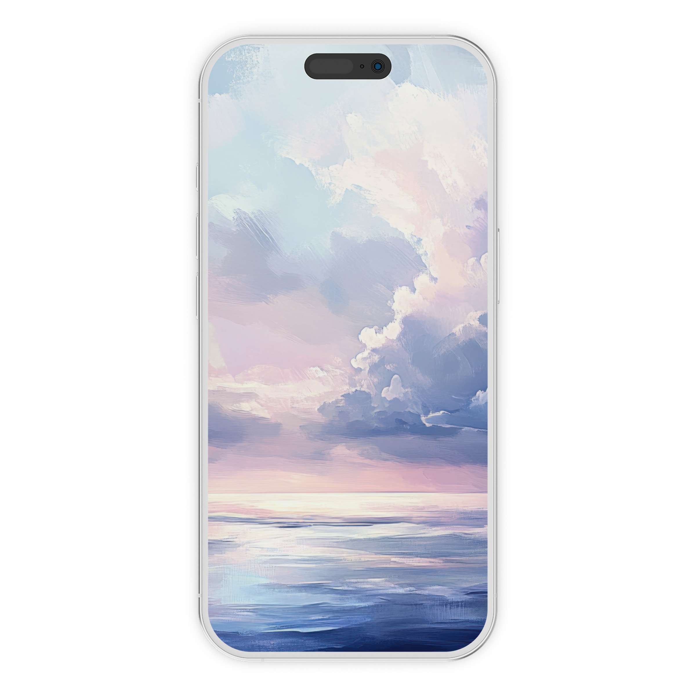 Digital download coastal iPhone wallpaper with serene pastel clouds over a tranquil ocean offers a calming phone background for all devices