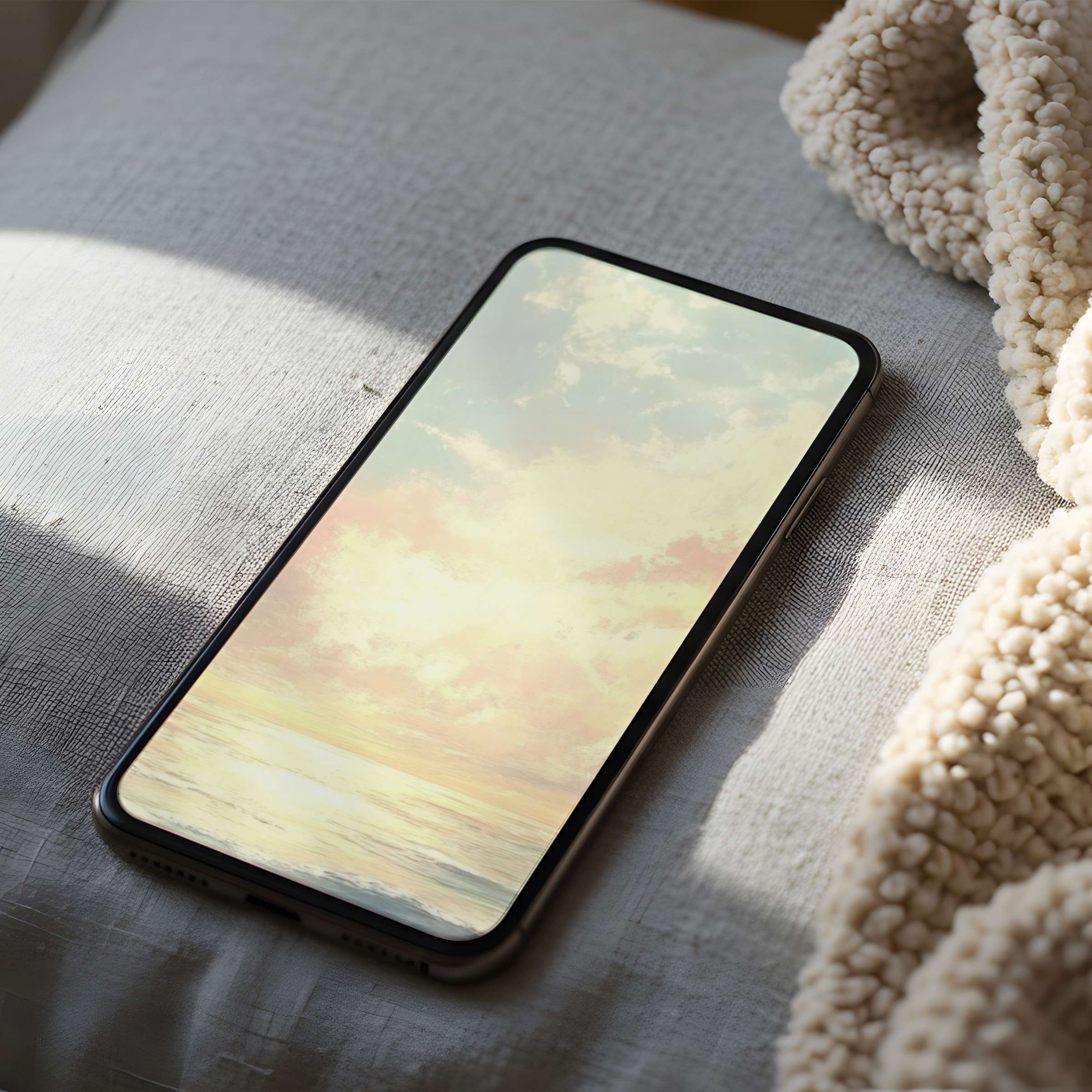 Serene phone wallpaper featuring a pastel sunset over a calm ocean enhances any phone screen, ideal for iPhone and android digital download