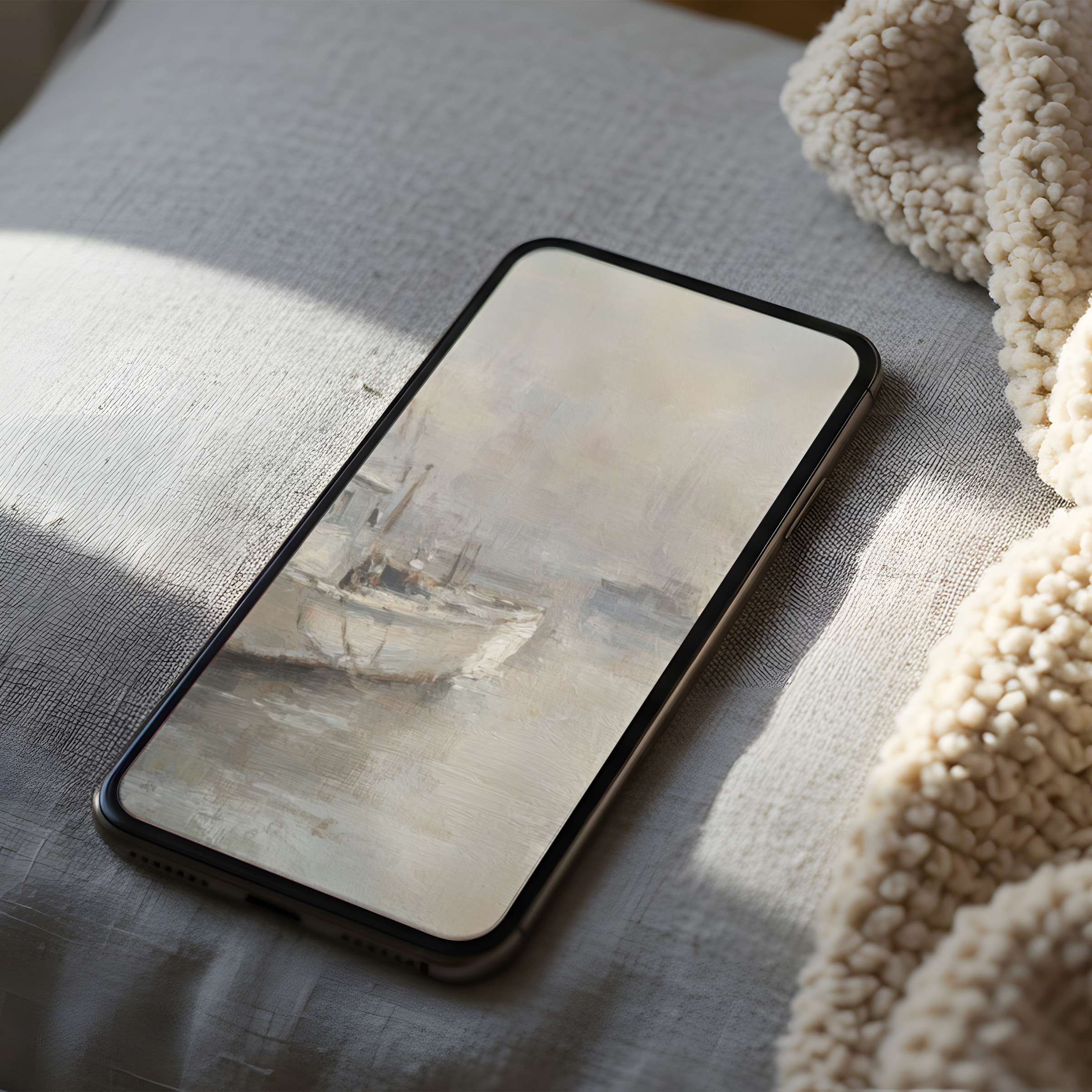 Serene boat scene phone wallpaper in soft pastels adds elegance to any device, high resolution for iPhone and Android users, digital download