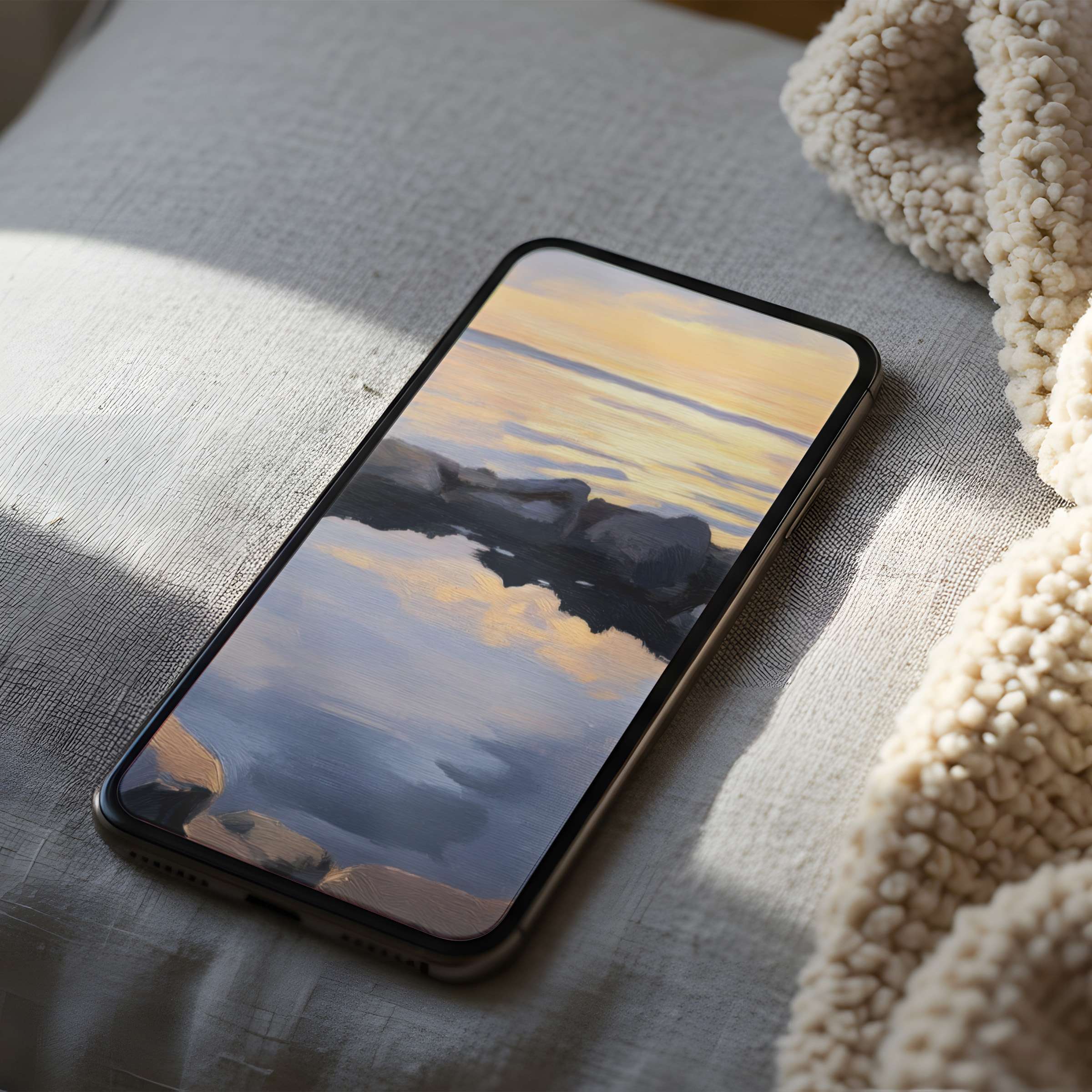 Serene sunset phone wallpaper in high resolution evokes tranquility with soft pastels, ideal for iPhone and Android digital download