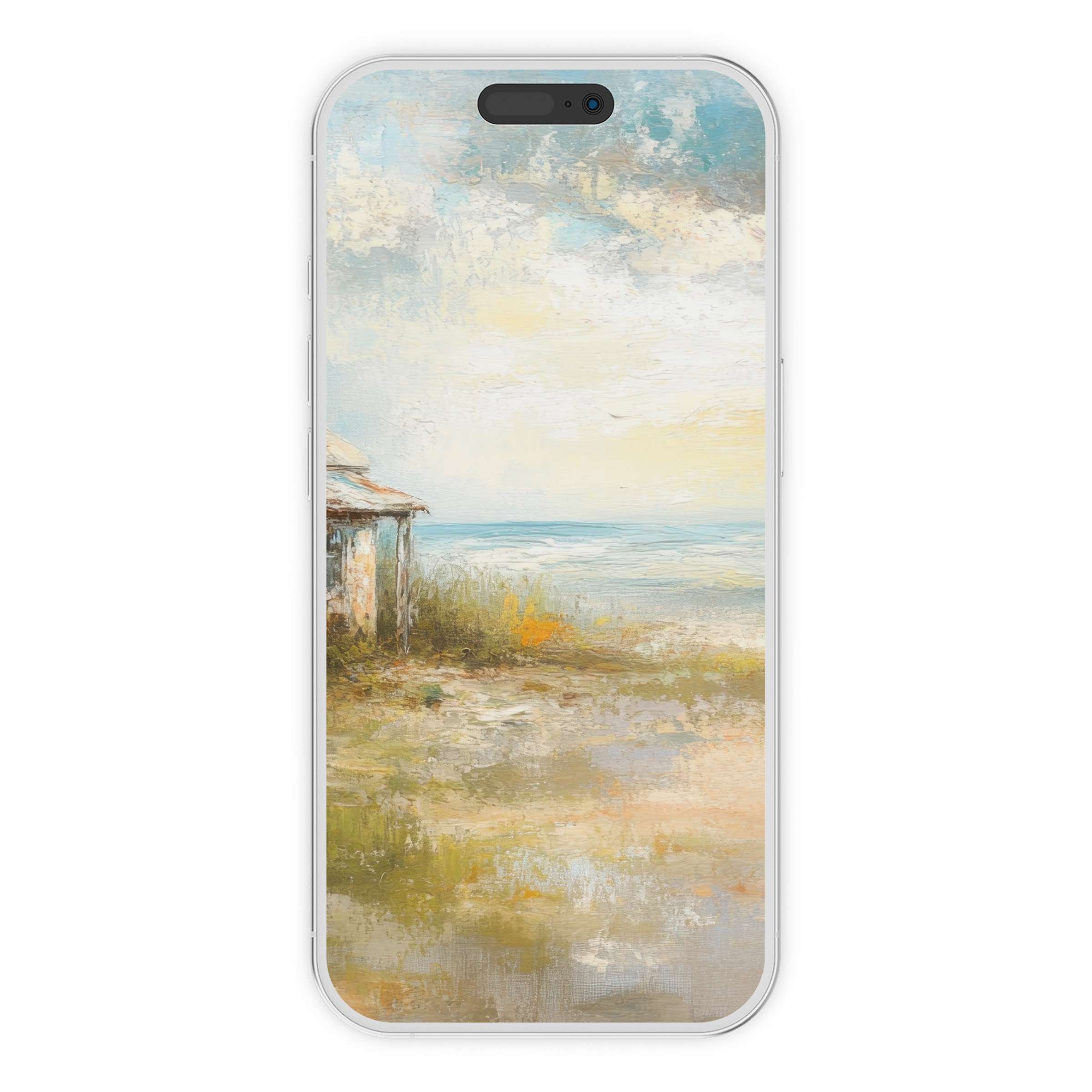 Coastal iPhone wallpaper with serene pastels and elegant textures, perfect as a calming phone background digital download for any device