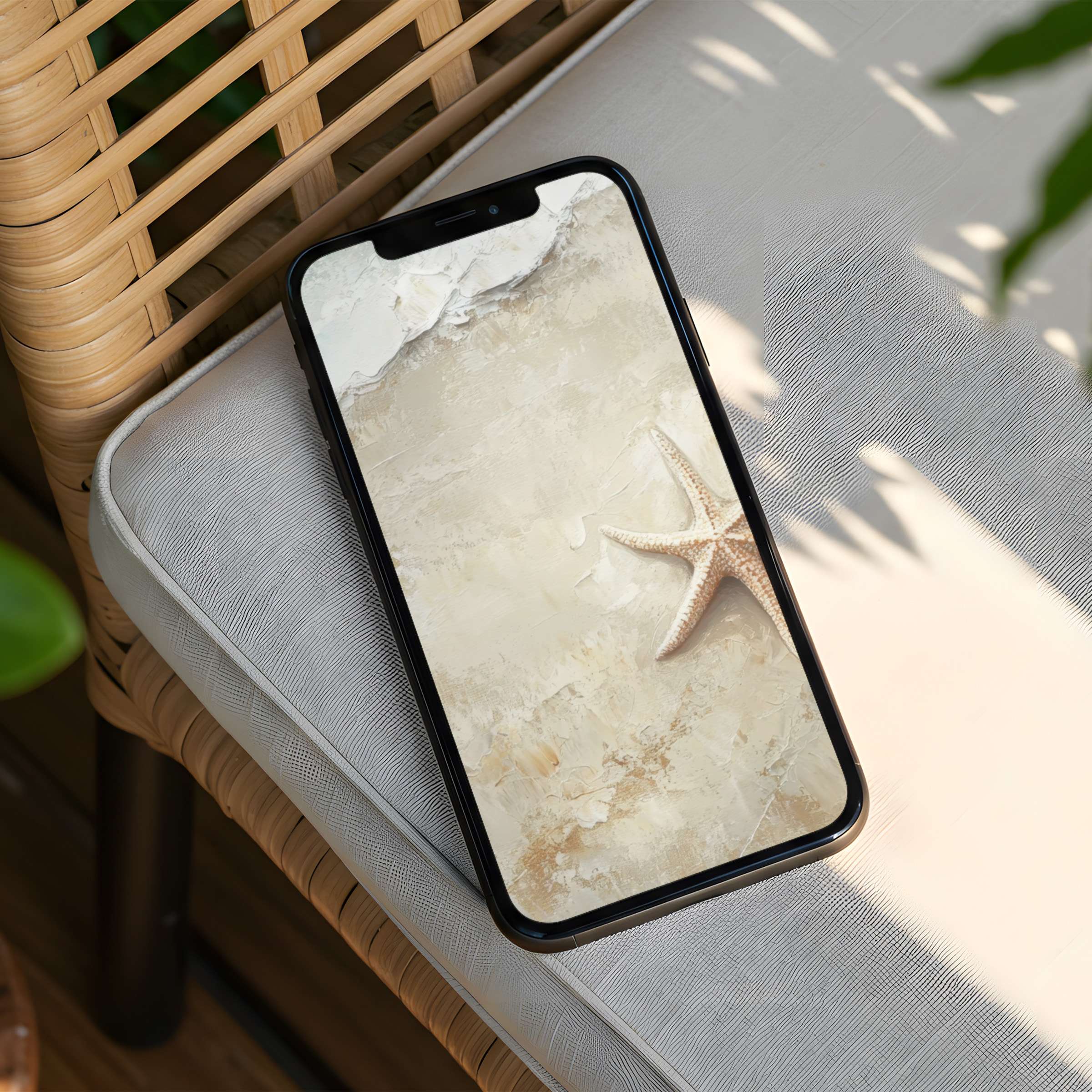Elegant iPhone background with soft beige texture and starfish evokes coastal calmness with instant download for any phone device