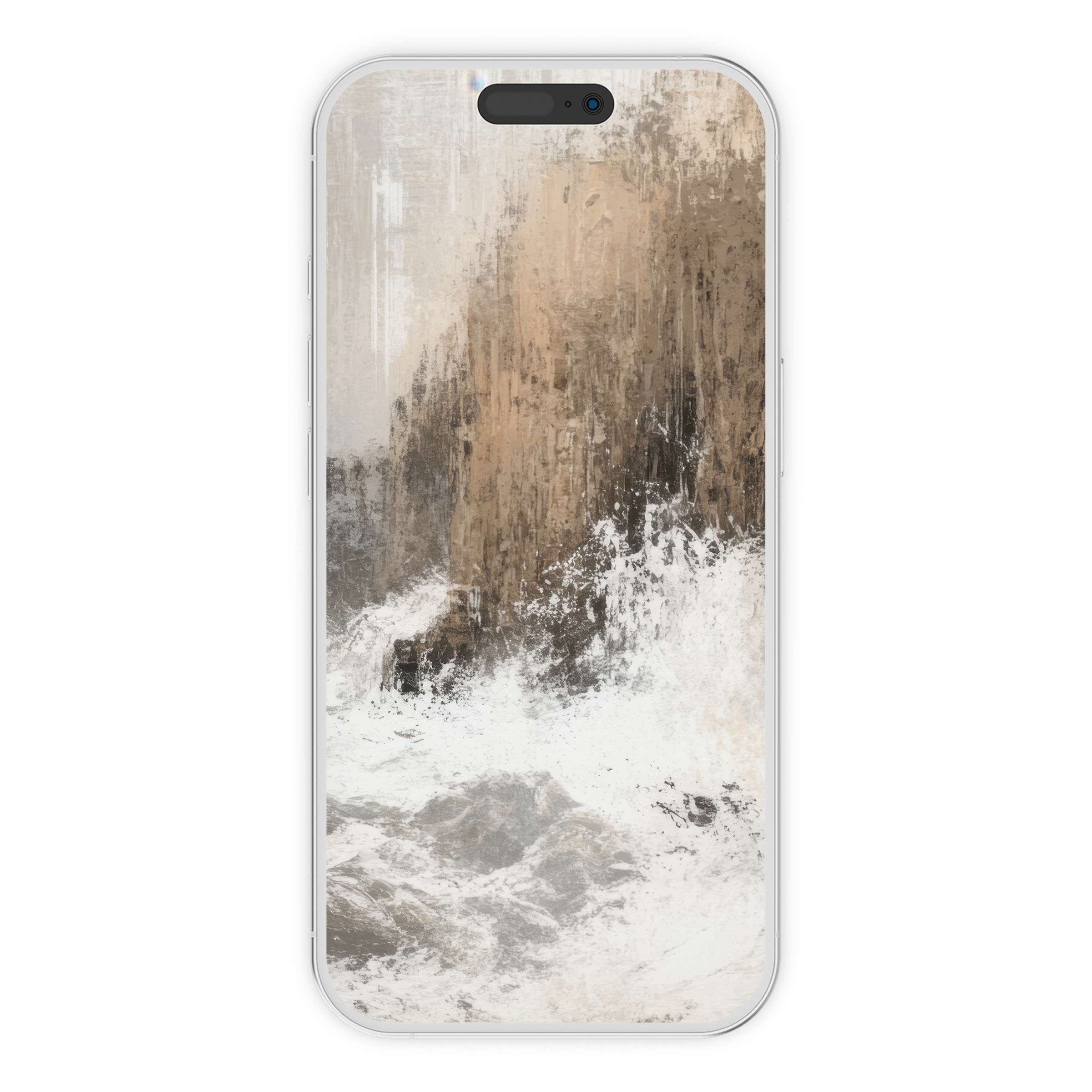 Elegant coastal iPhone wallpaper art captures serene waves crashing against rocky cliffs, ideal phone background digital download for tranquility