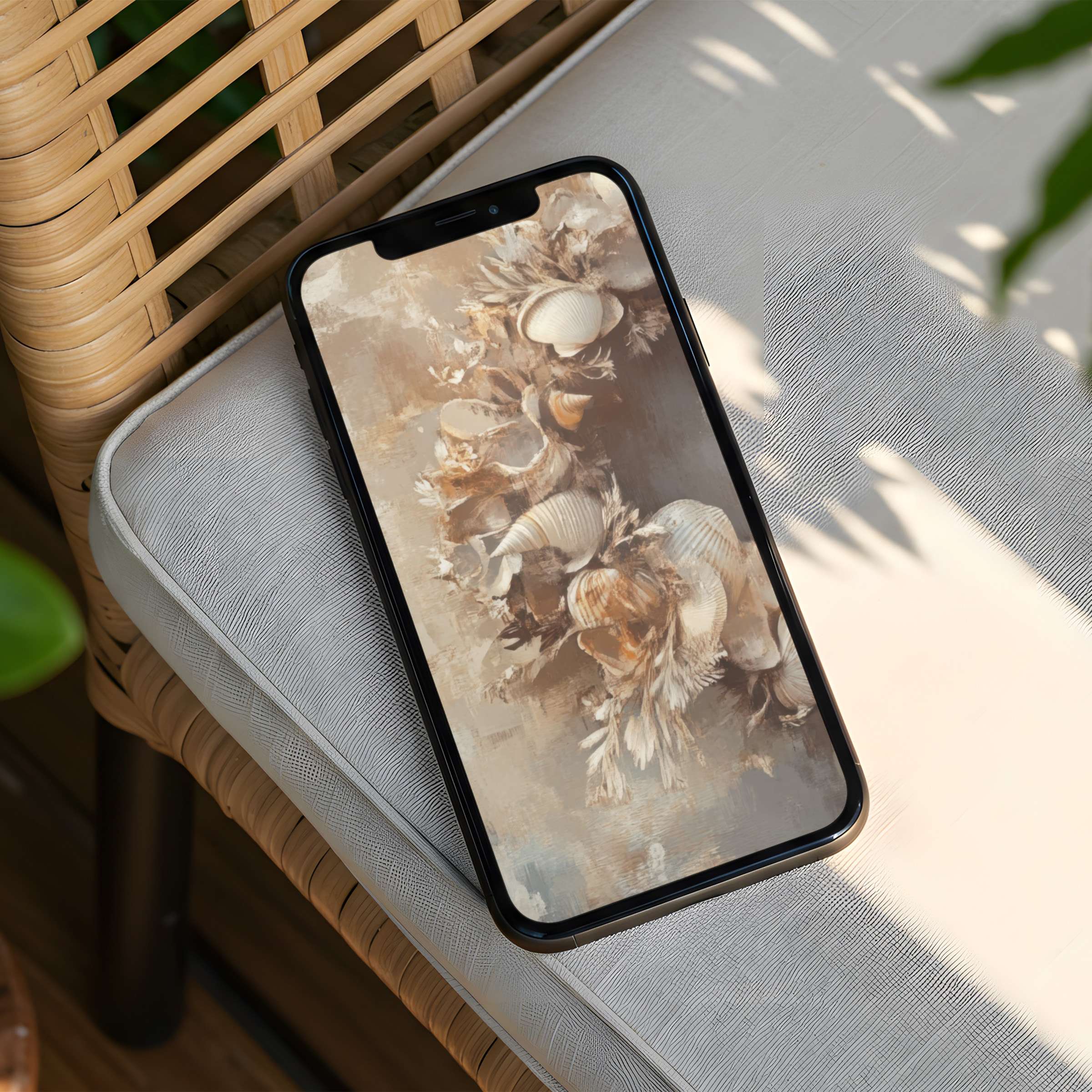 Elegant iPhone background with calming seashells in earthy tones, perfect for mindful moments, instant download for any phone