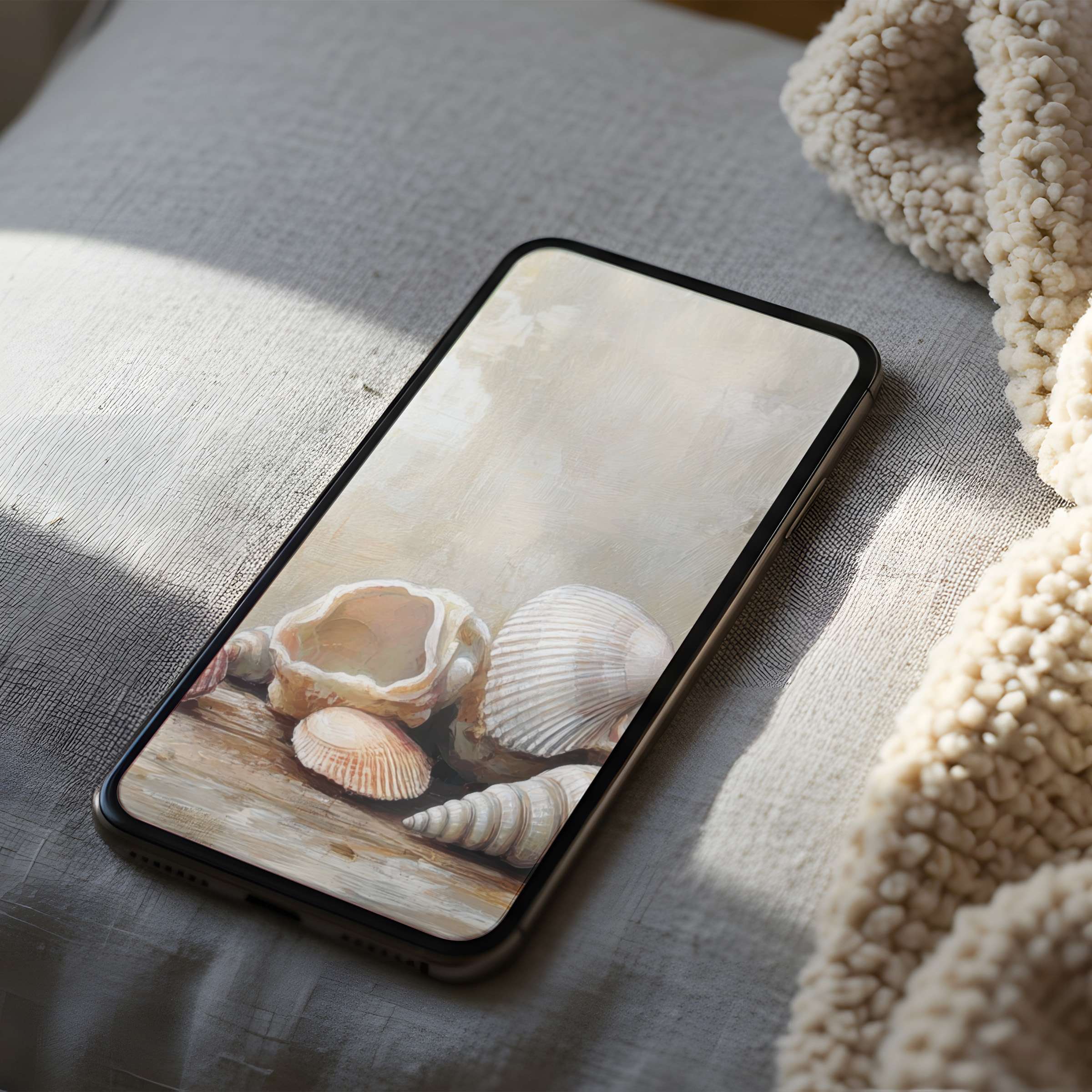 Elegant seashell digital art phone wallpaper in high resolution, offering soothing beach vibes for iPhone and Android digital downloads