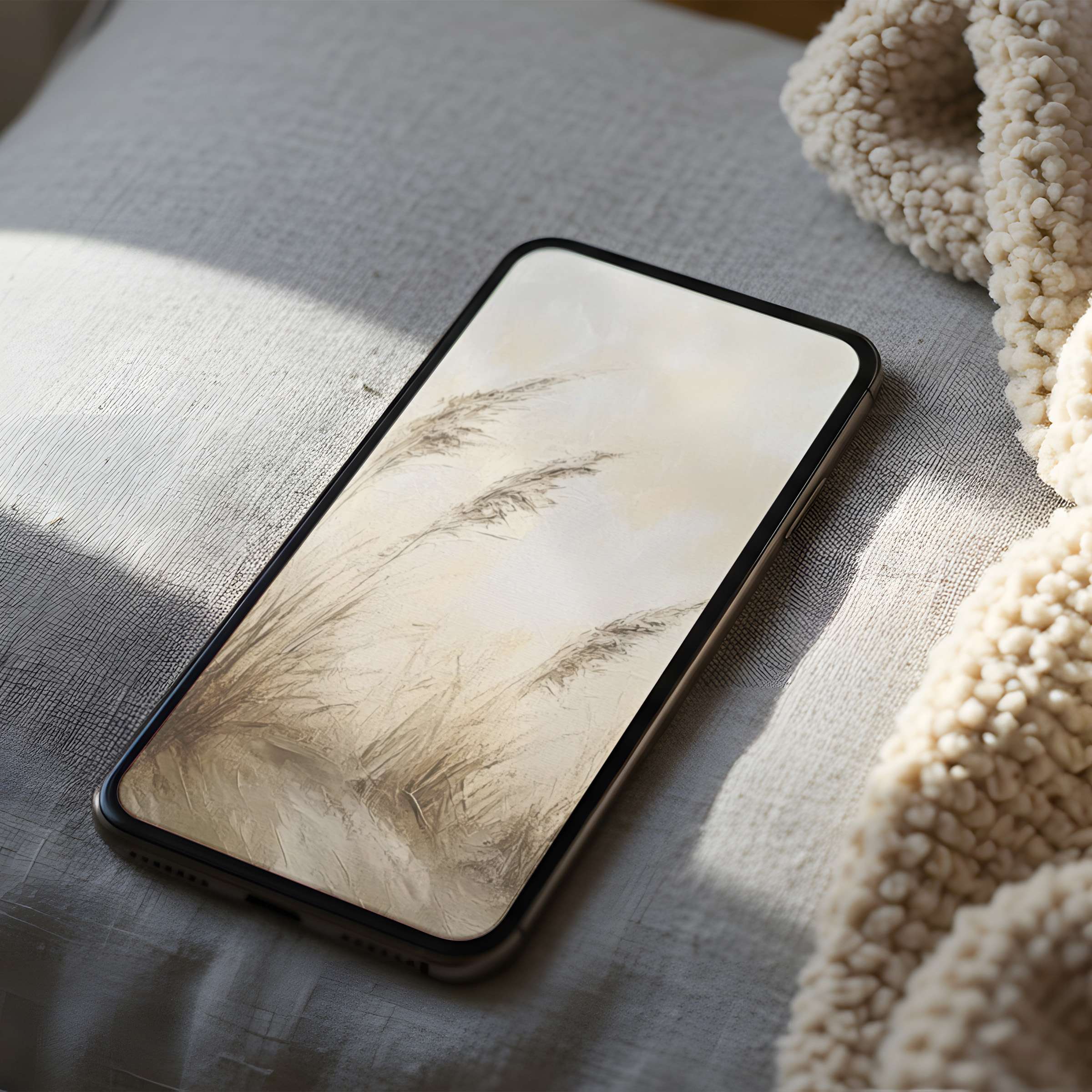 Elegant phone wallpaper featuring serene beige reeds on a high-resolution canvas, perfect for calming digital download on iPhone or Android