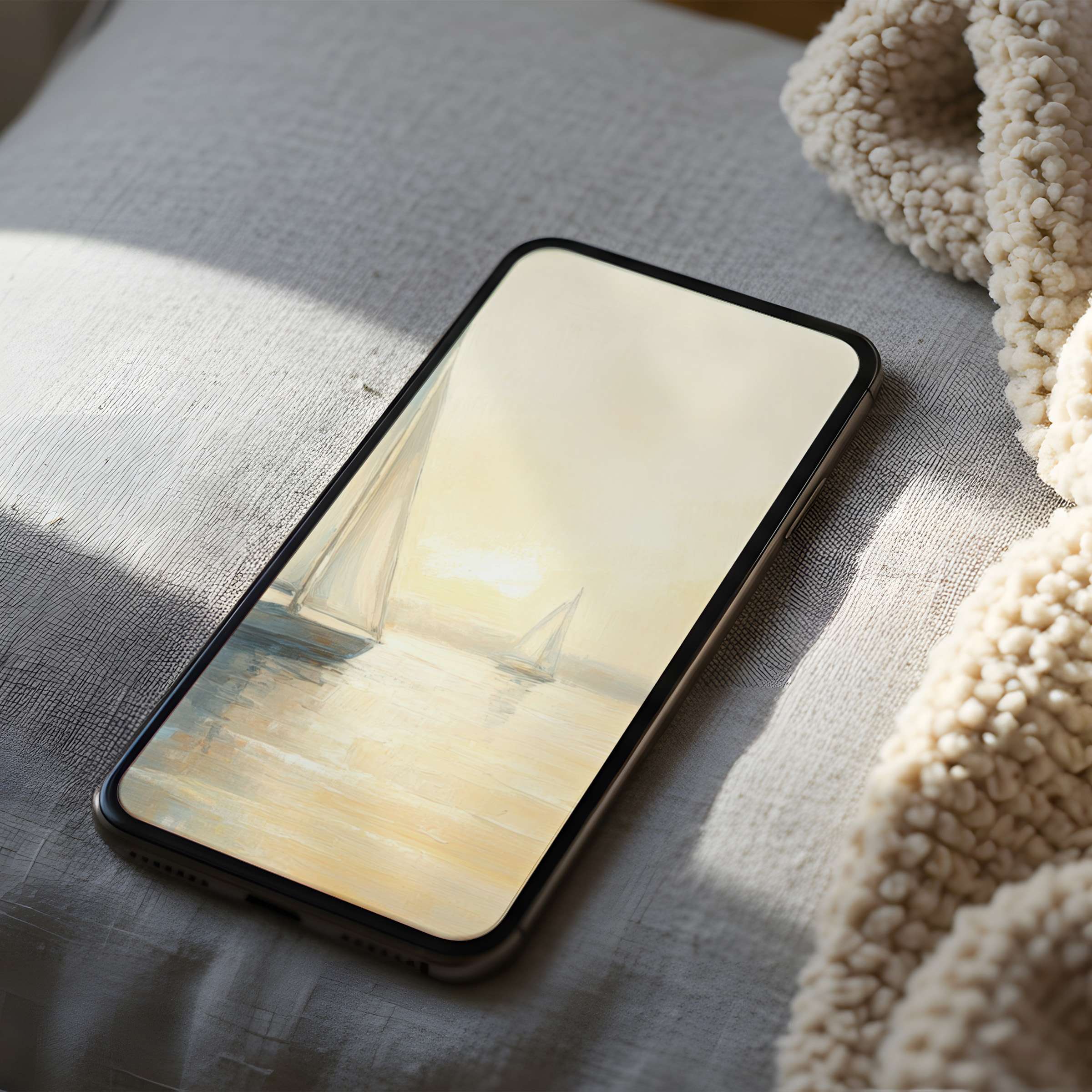 Elegant sailboat art phone wallpaper in soft pastel hues creates a serene motif, offering a high-resolution digital download for iPhone and Android