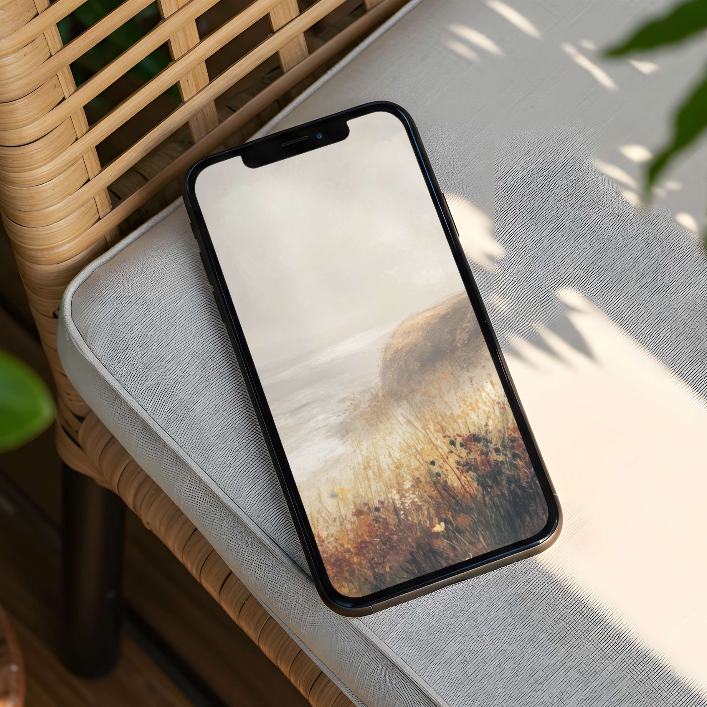 Elegant iPhone background with serene, earthy tones on a phone offering calm inspiration and instant download for design enthusiasts