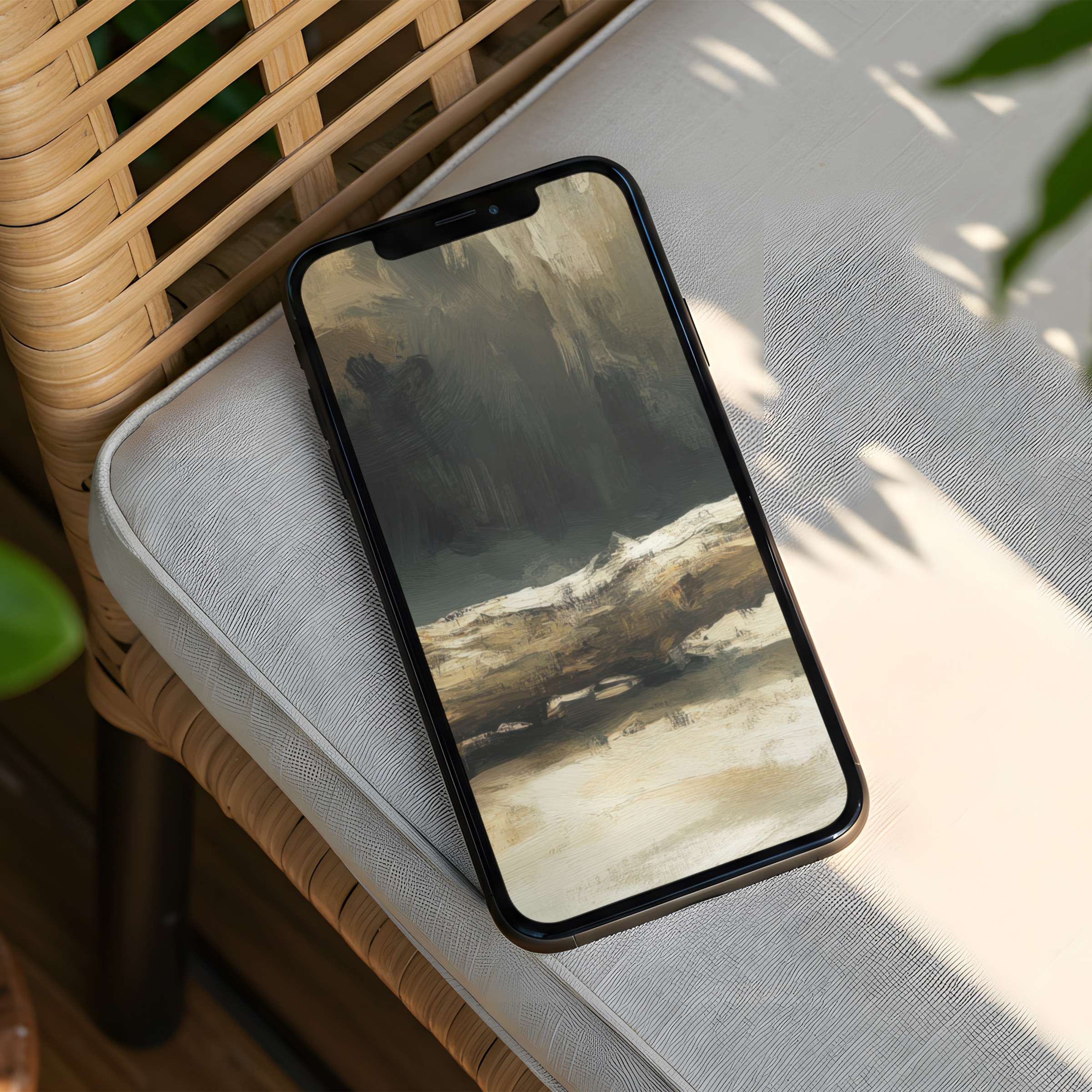 Elegant iPhone background featuring a serene abstract landscape painting in earthy tones perfect for instant download to your phone