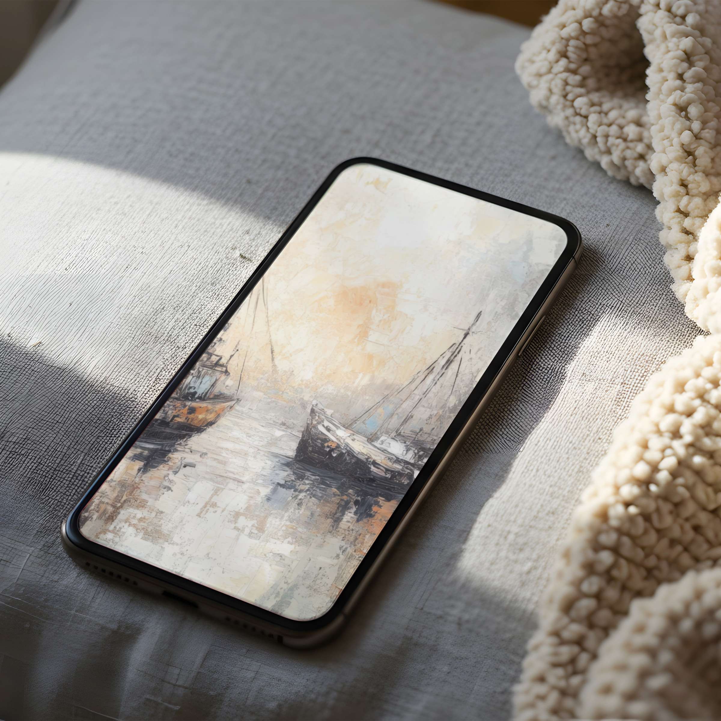 Serene boat scene phone wallpaper in high resolution with soothing pastel tones brings elegance to any iPhone or Android screen download