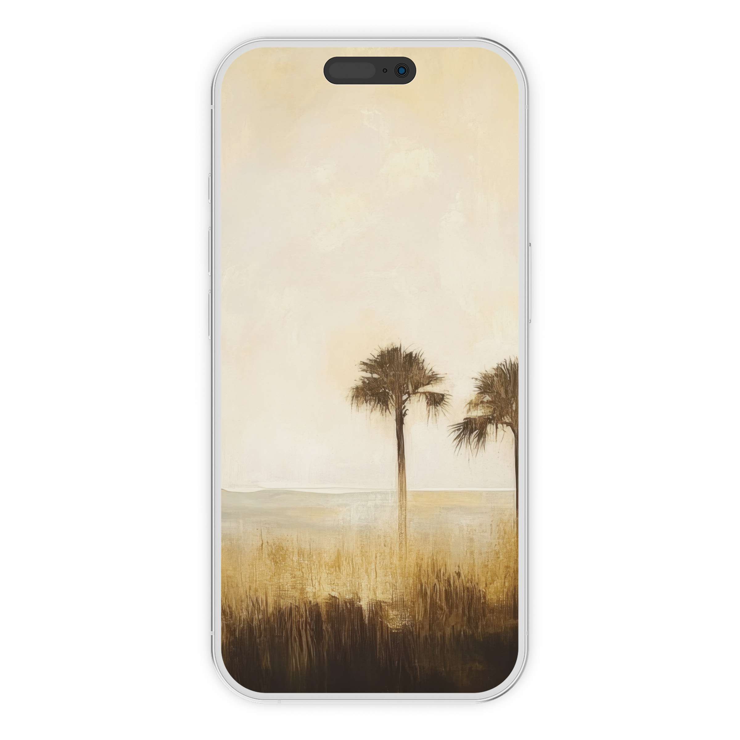 Coastal iPhone wallpaper featuring serene palm trees under soft beige sky offers an elegant digital download for phone background use