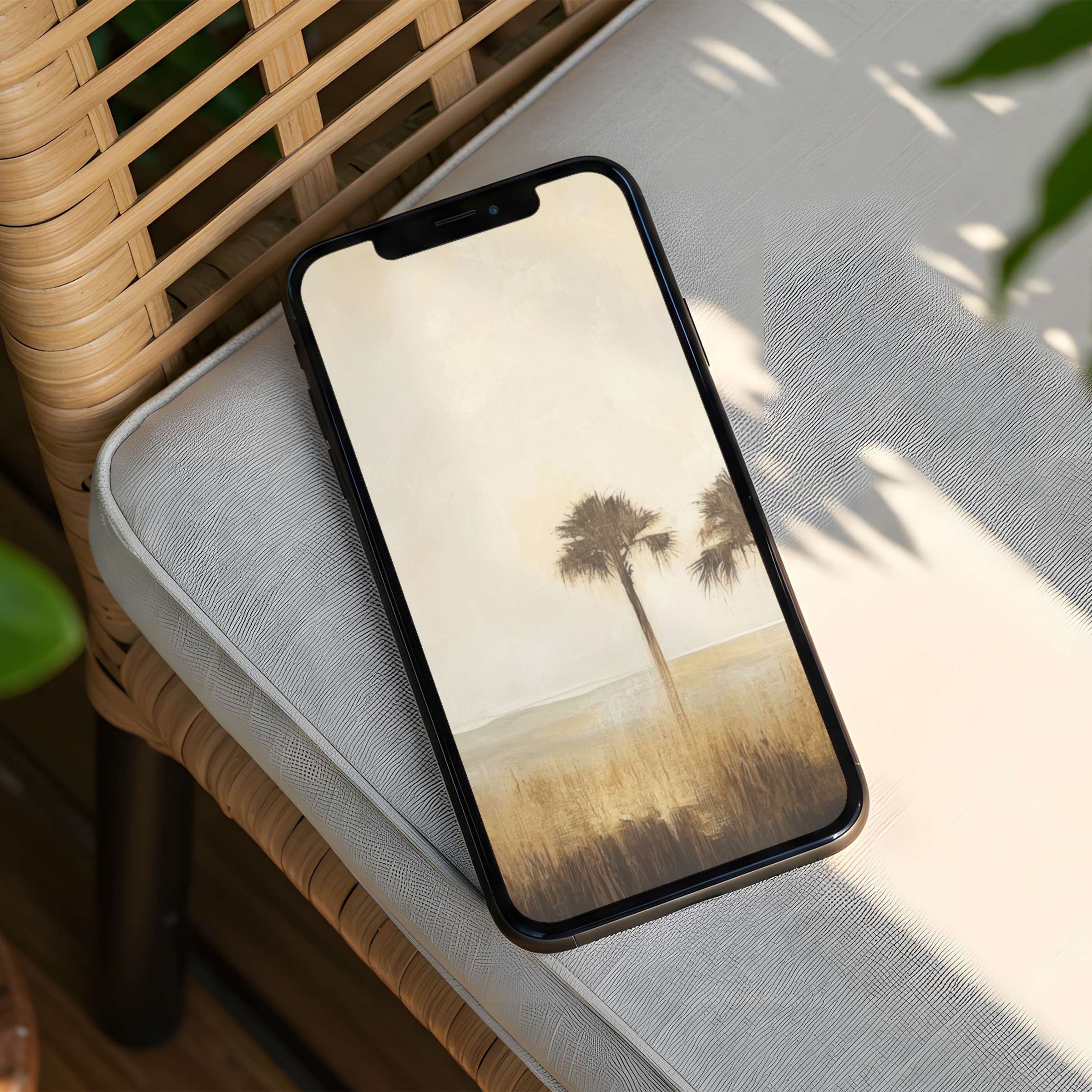 Elegant iPhone background featuring serene palm trees in soft earth tones evokes calm and mindfulness instant download for your phone