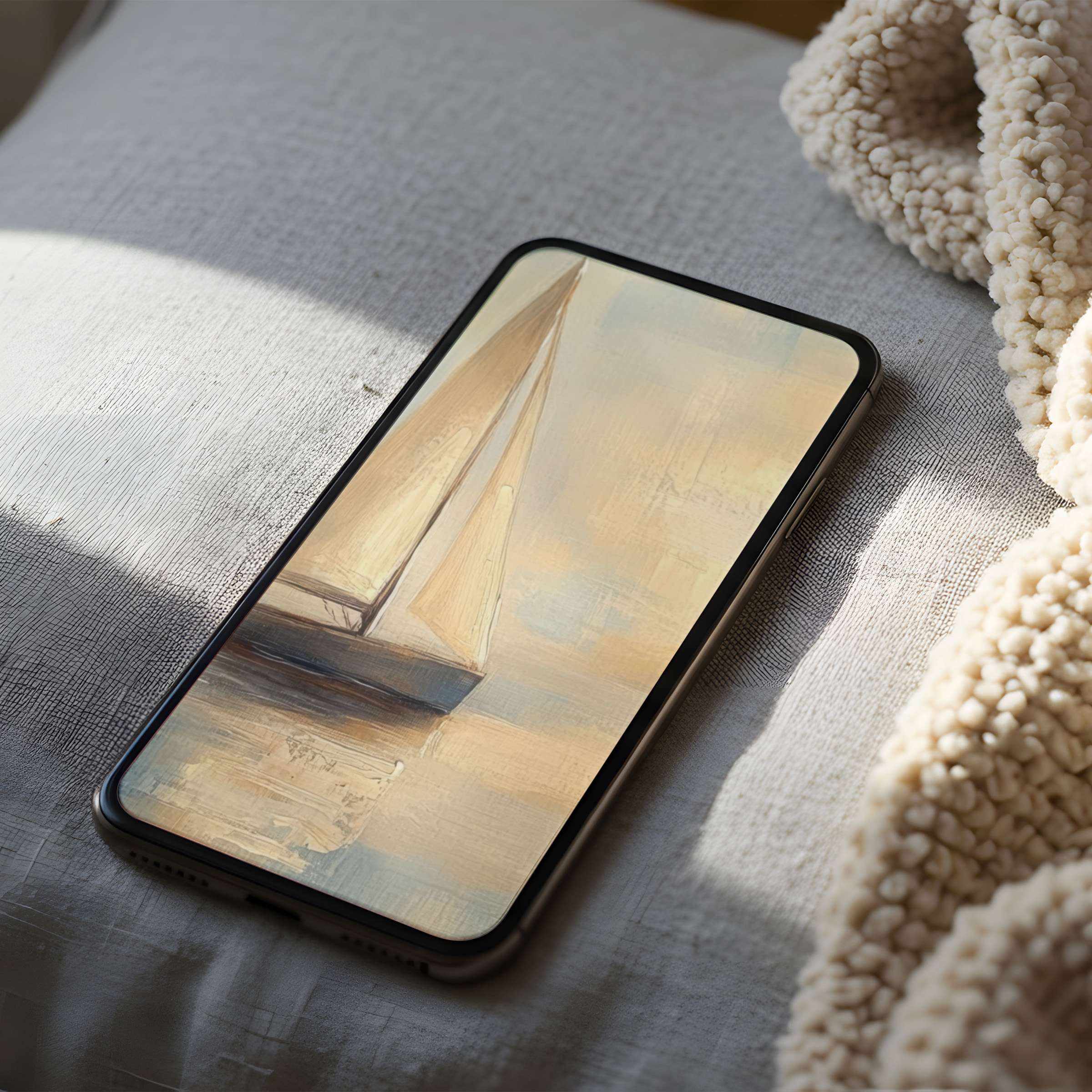 Sailboat-themed phone wallpaper in soft beige and blue hues offers tranquility to your high resolution iPhone or Android download