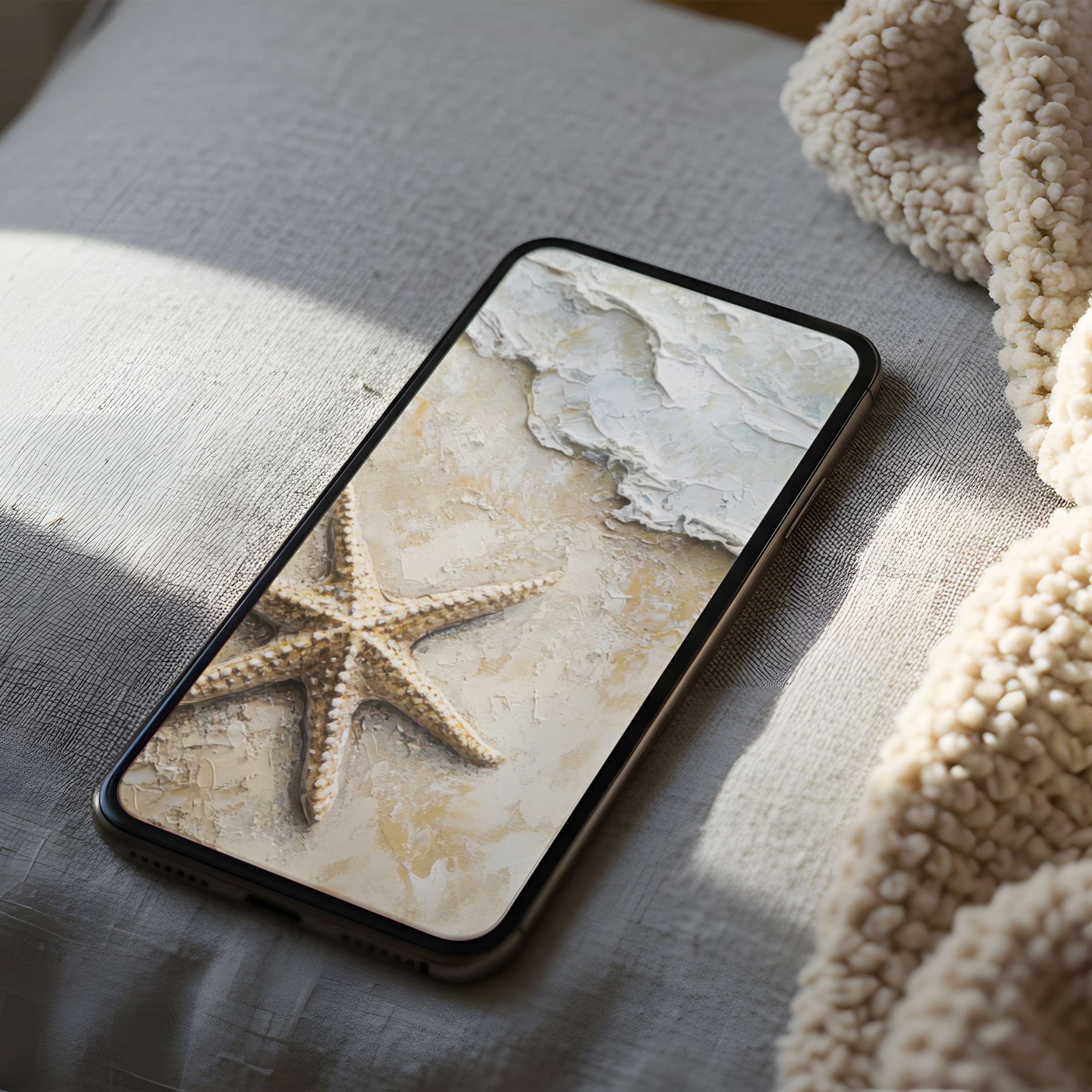 Elegant starfish phone wallpaper in soothing beige tones offers high resolution digital download for stylish iPhone or Android users